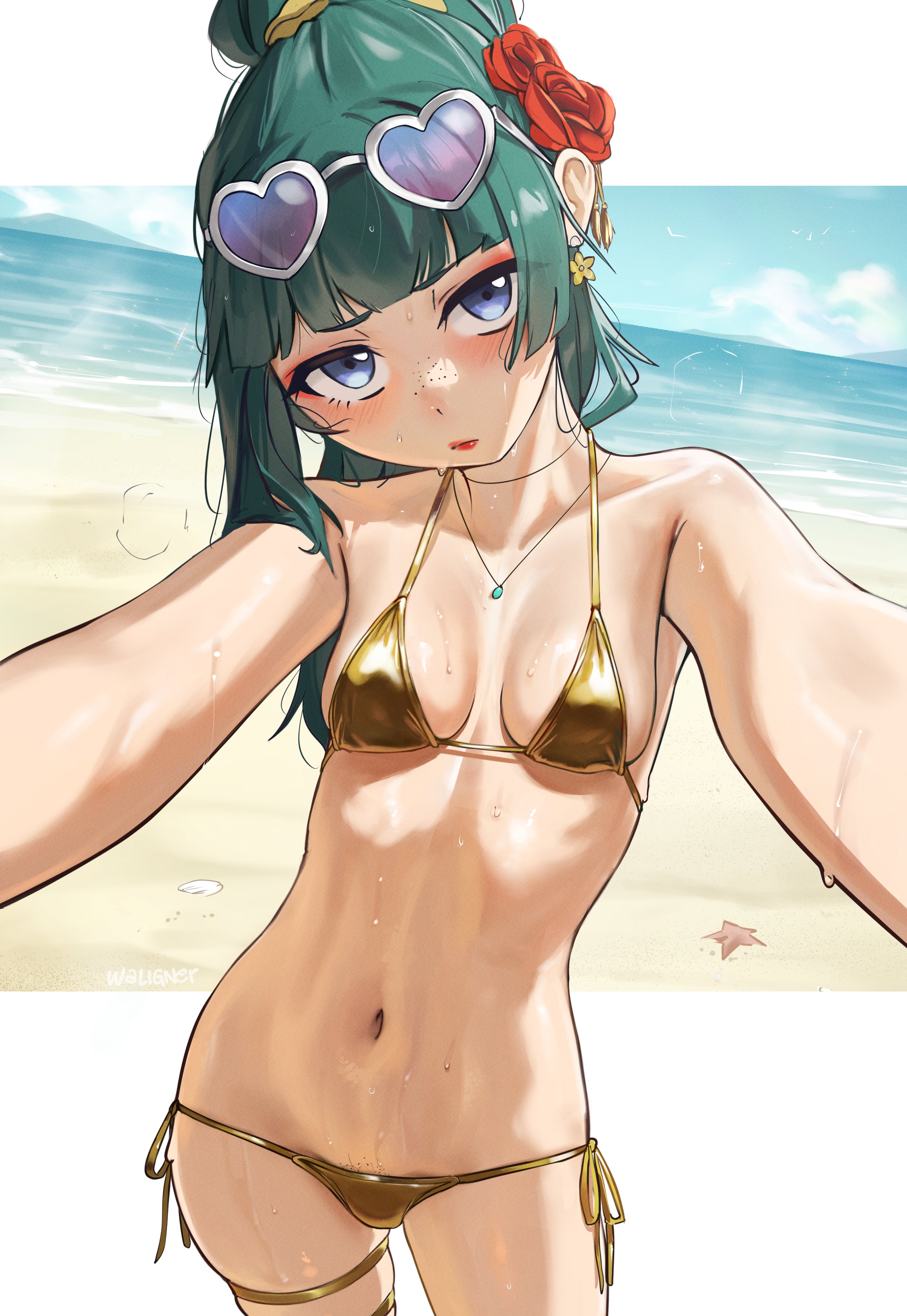 1girls, artist name, beach, beach background, blue eyes, blush, breasts, cropped legs, earring, eyeliner, female, female focus, female only, female pubic hair, flower earrings, flower in hair, freckles, freckles on face, glasses, glasses on head, golden bikini, golden week, green hair, hair ornament, hair up, heart-shaped eyewear, hug, kusuriya no hitorigoto, legband, makeup, maomao (kusuriya no hitorigoto), navel, necklace, pubic hair, pubic hair peek, pubic stubble, red rose, rose, small breasts, solo, solo female, solo focus, waligner, wet, wet body, wet skin