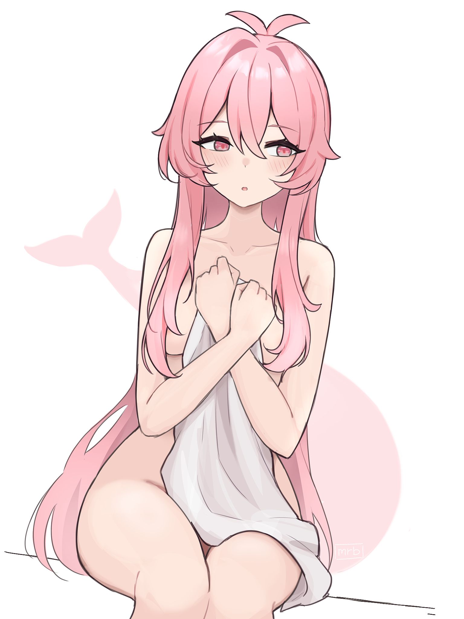 1girls, ahoge, areolae, artist request, bare hips, blush, blushing, breasts, embarrassed, female, hair, hair covering breasts, hips, indie virtual youtuber, long hair, looking away, medium breasts, naked, nude, pink eyes, pink hair, pngtuber, shachimu, shy, solo, thighs, towel, towel only, virtual youtuber, vtuber, whale girl, whale tail