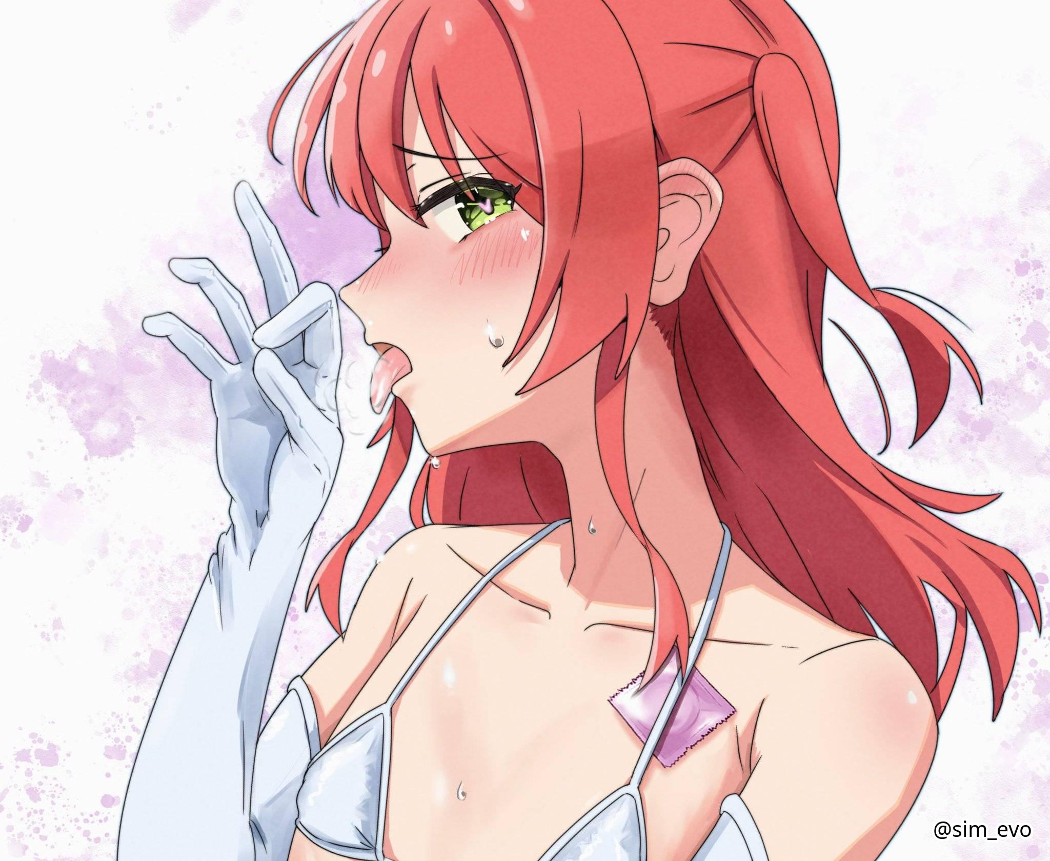 1girls, 2d, 2d (artwork), 2d artwork, bikini, bikini only, bikini top, blowjob face, blowjob gesture, blush face, blush lines, blushing, blushing at viewer, blushing female, blushing lines, bocchi the rock!, breasts, collarbone, drawing, elbow gloves, eyebrows visible through hair, fellatio face, fellatio gesture, female, female focus, female only, fingers, flat breasts, flat chest, flat chested, flushed, flushed face, gloves, hair between eyes, halterneck, handjob gesture, head tilt, heart eyes, heart-shaped pupils, high resolution, high school student, highres, kita ikuyo, long gloves, long hair, looking at viewer, looking sideways, looking to the side, micro bikini, one side up, open mouth, parted lips, petite, petite body, petite breasts, petite female, petite girl, petite tits, school girl, shoulders, sidelocks, sim evo, simple background, small bikini, small boobs, small breasts, small tits, smooth chest, solo, string bikini, sweat, sweat on body, sweat on breasts, sweat on face, sweatdrop, sweating, sweaty, sweaty body, sweaty breasts, sweaty chest, sweaty face, sweaty female, swimsuit, swimwear, teen girl, teenage girl, teenager, tilted head, tiny breasts, tongue, tongue out, upper body, white background, white bikini, white bikini top, white elbow gloves, white gloves, white long gloves, white micro bikini, white string bikini, white swimsuit, white swimwear, young female, young woman