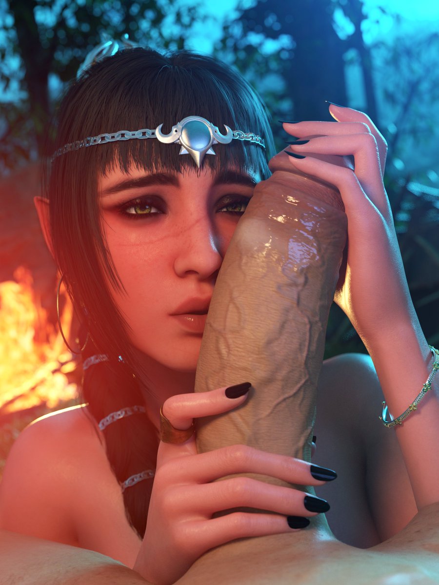 1boy, 1boy1girl, 1girls, 3d, baldur's gate, baldur's gate 3, black fingernails, black hair, bracelet, braided hair, circlet, cock worship, den 3d art, earrings, elf, elf ears, elf female, green eyes, handjob, hoop earrings, huge cock, light-skinned female, light-skinned male, long hair, naked, naked female, naked male, penis on face, pov crotch, scar, shadowheart, thick penis, two-handed handjob, veiny penis
