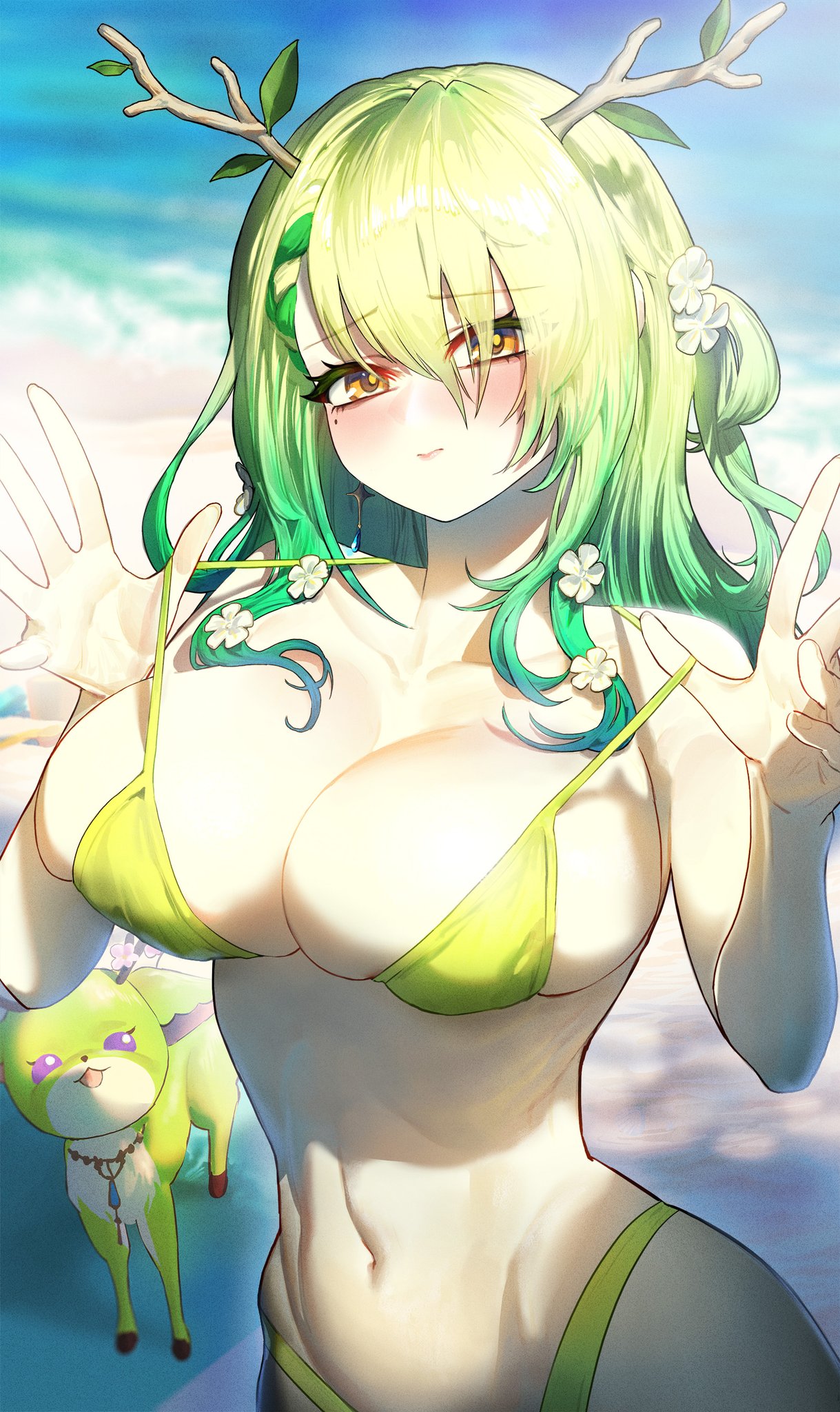 1girls beach beauty_mark big_breasts bikini bikini_bottom bikini_top blush busty ceres_fauna cleavage embarrassed fit_female flowers_in_hair ghdwid green_bikini green_eyes hololive hololive_english hololive_english_-council- hololive_english_-promise- horns light-skinned_female light_skin lime_green_bikini looking_at_viewer pov pov_eye_contact seashore seaside swimwear tugging_clothing virtual_youtuber yellow_eyes