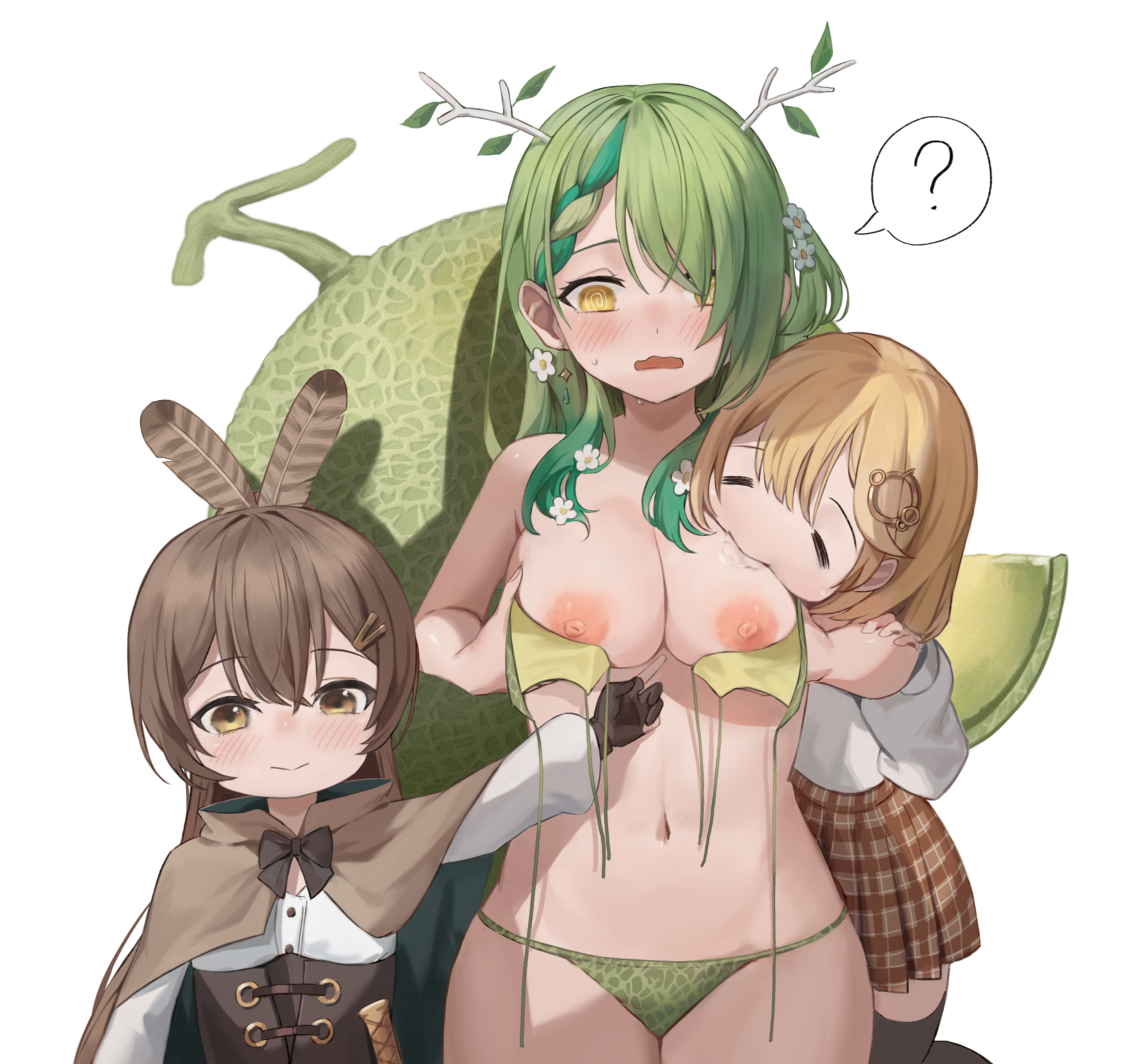 3girls, beauty mark, bikini, bikini bottom, bikini top, bikini top removed, blonde hair, blush, breast sucking, breasts, breasts out, brown hair, ceres fauna, embarrassed, exposed breasts, feathers in hair, female, female only, fruit, green hair, hololive, hololive english, hololive english -council-, hololive english -promise-, hololive myth, horns, melon, multiple females, multiple girls, nanashi mumei, ponytail, skirt, spoken question mark, swirly eyes, virtual youtuber, watson amelia, yellow eyes
