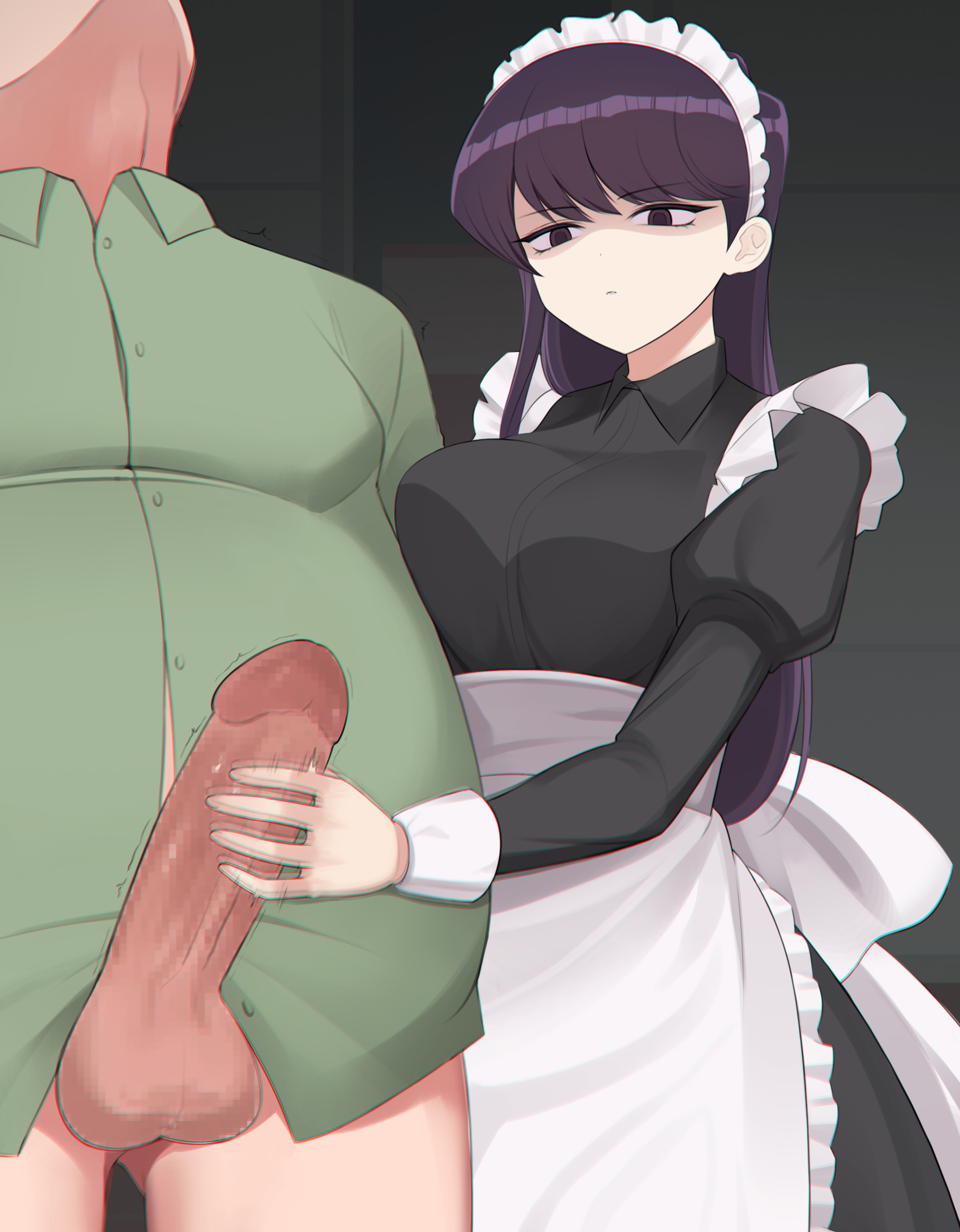 1boy, 1girls, age difference, apron, asian, asian female, balls, belly, big breasts, big penis, black hair, bottomless, breasts, censored, cheating, cheating girlfriend, emotionless, erect penis, fat male, female, haeil2, handjob, komi shouko, komi-san wa komyushou desu, light skin, long hair, maid, maid headdress, maid uniform, male, mosaic censoring, older male, older male and younger female, overweight male, penis, standing, straight, teenage female, teenager, testicles, younger female