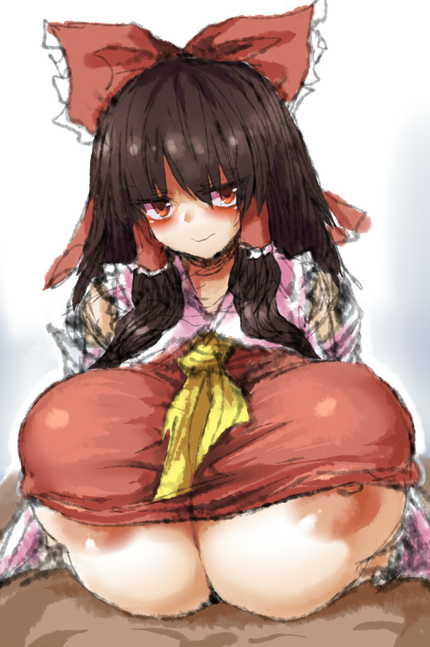 1boy 1girls 2b213 annoyed areola areola_slip areolae big_breasts black_hair breasts clothed_paizuri female hair_ribbon hair_tubes huge_breasts large_areolae large_breasts long_hair male miko nipple_slip nipples paizuri paizuri_under_clothes red_eyes reimu_hakurei shrine_maiden titfuck titjob touhou underboob