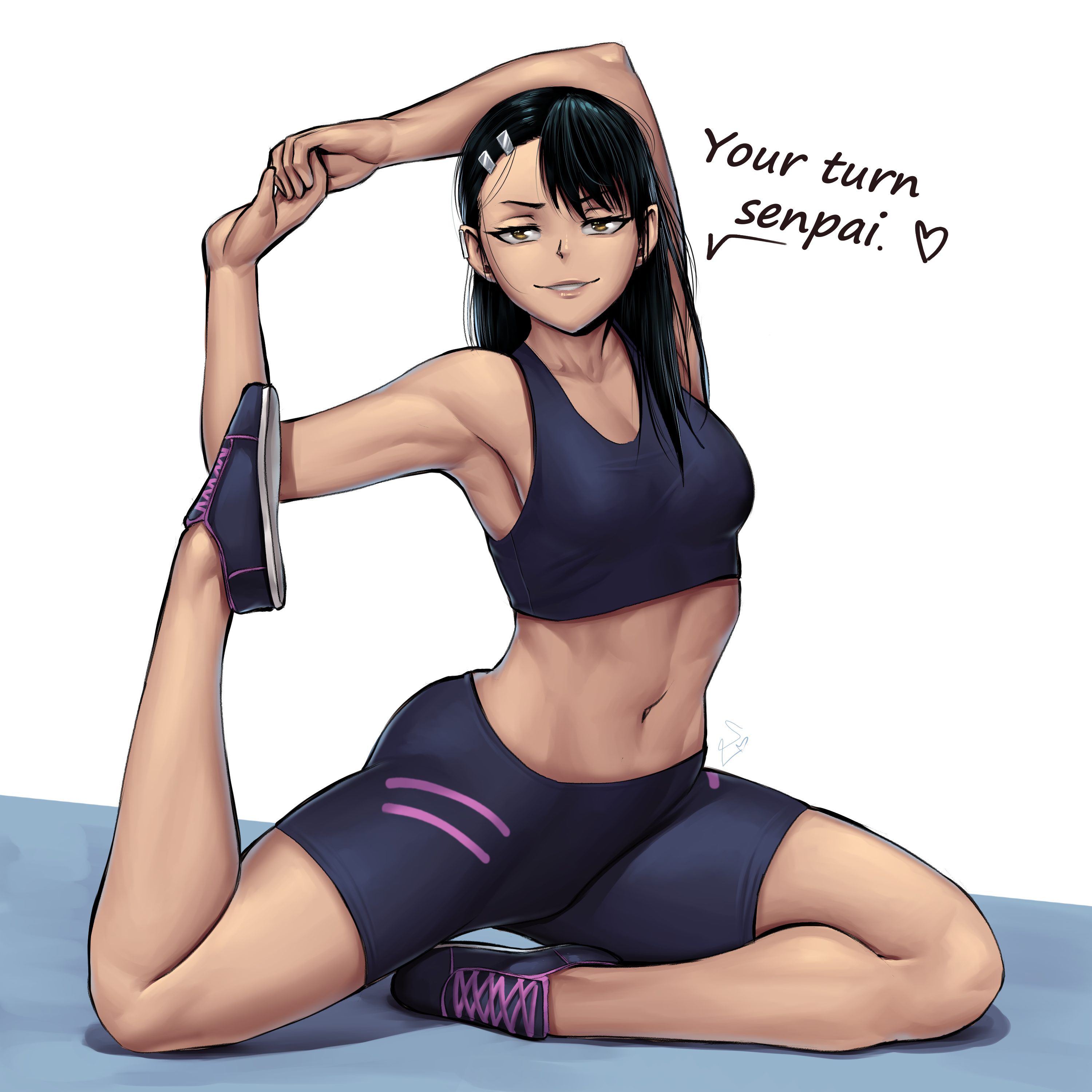 1girls, black hair, breasts, brown eyes, clothed, clothing, dialogue, english text, female, female only, flexible, hayase nagatoro, heart, hi res, long hair, looking at viewer, navel, please don't bully me, nagatoro, pose, revealing clothes, simple background, small breasts, smile, solo, speedl00ver, sports bra, sportswear, tan, tan skin, tanned, text, white background