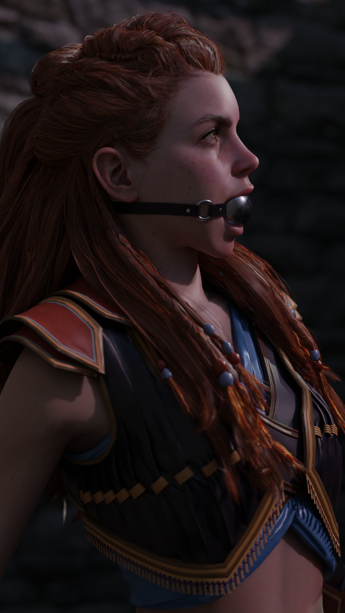 1girls, 3d, aloy, ball gag, bondage, bound, chained, clothed bondage, female, female only, fully clothed, gag, gagged, horizon forbidden west, horizon zero dawn, kneeling, red hair, restrained, rindekey, solo