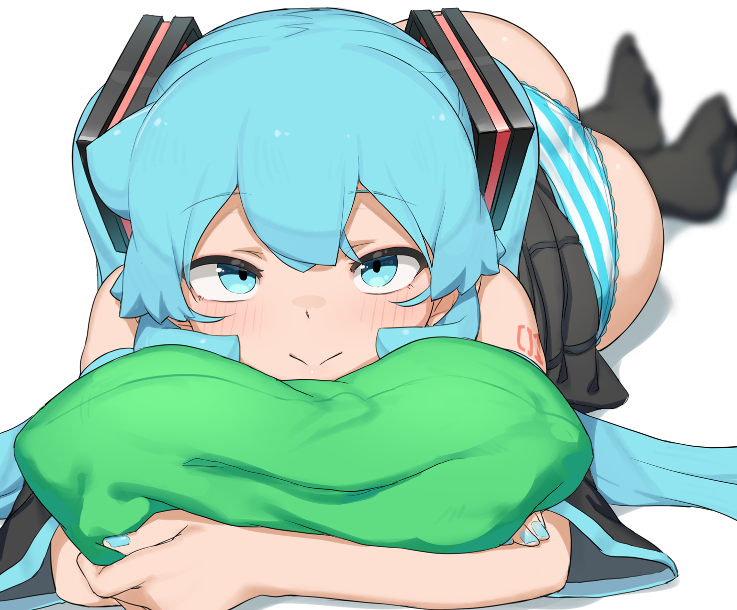 1girl, 1girls, abmayo, aqua eyes, aqua hair, ass, bangs, bare shoulders, black skirt, black thighhighs, blush, closed mouth, detached sleeves, eye contact, female, female only, green hair, hair ornament, hatsune miku, legwear, light skin, long hair, looking at viewer, lying, nail polish, panties, pillow, pleated skirt, shimapan, shiny, shiny hair, simple background, skirt, smile, solo, striped, striped panties, tattoo, thick ass, thighhighs, thighs, twintails, underwear, vocaloid, white background