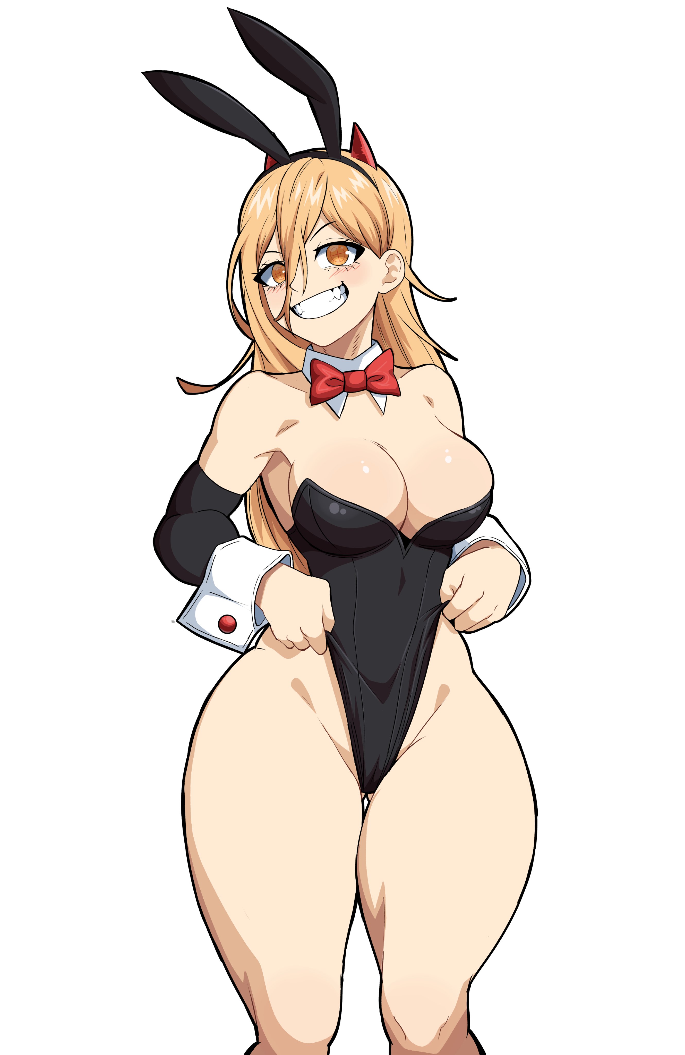 1girls, bare shoulders, blonde hair, breasts, bunny ears, bunnysuit, chainsaw man, cleavage, clothed, clothing, female, female only, long hair, looking at viewer, mg99, power (chainsaw man), simple background, smile, solo, solo female, standing, thick thighs, white background, wide hips, yellow eyes