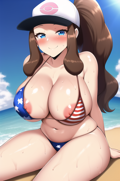 1girls, ai generated, american flag bikini, beach, bikini top, blue eyes, booty shorts, breasts, brown hair, female, female only, game freak, hat, hilda (pokemon), hips, huge breasts, jean shorts, long hair, nai diffusion, nintendo, outdoors, pokemon, pokemon bw, ponytail, short shorts, shorts, slim waist, smile, stable diffusion, thick thighs, thighs, voluptuous, wide hips