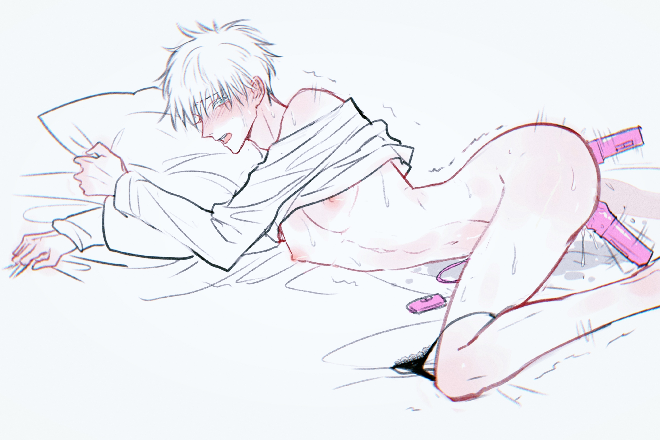 1boy, 1cuntboy, blue eyes, cuntboy, dildo, femboy, feminine male, hanlutt, intersex, jujutsu kaisen, looking at viewer, male, male only, masturbation, satoru gojo, sex toy, sissy, solo, solo male, sweat, twink, white hair