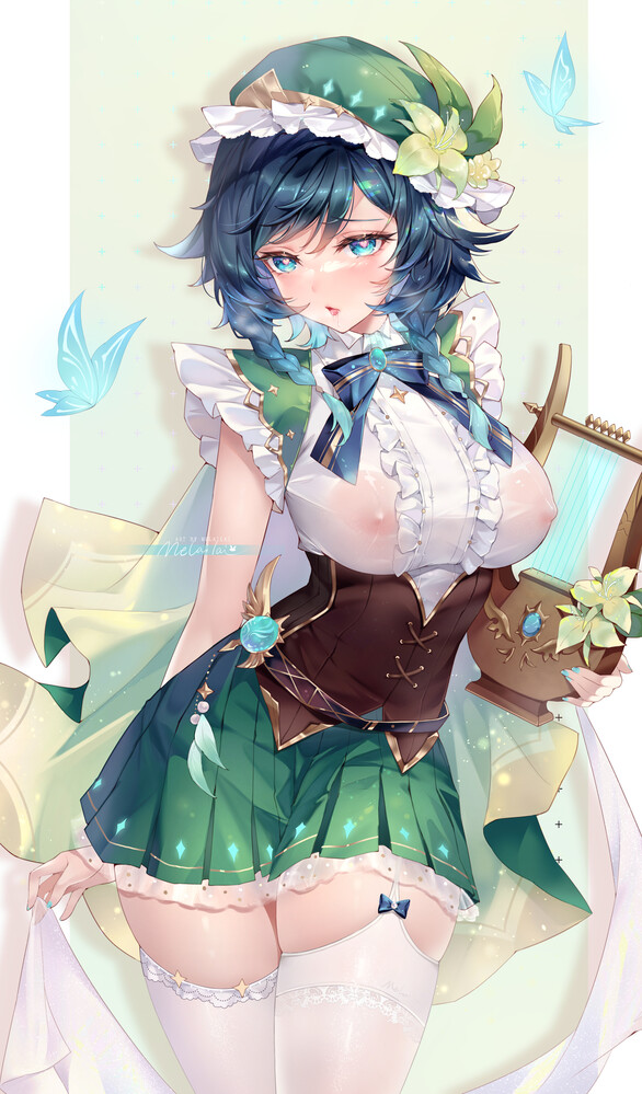 1girls arms_up big_breasts blue_eyes blue_fingernails blue_hair blush blushing braid butterfly corset curvy curvy_body curvy_female curvy_figure female female_focus female_only fingernails flower flower_in_hair genderbend genderswap genderswap_(mtf) genshin_impact green_hat green_skirt hat heart-shaped_pupils holding_object large_breast light-skinned_female light_skin melailai nipples rule_63 see-through see-through_clothing short_skirt shy simple_background skinny solo solo_female solo_focus thick thick_ass thighhighs thighs venti_(genshin_impact) white_shirt