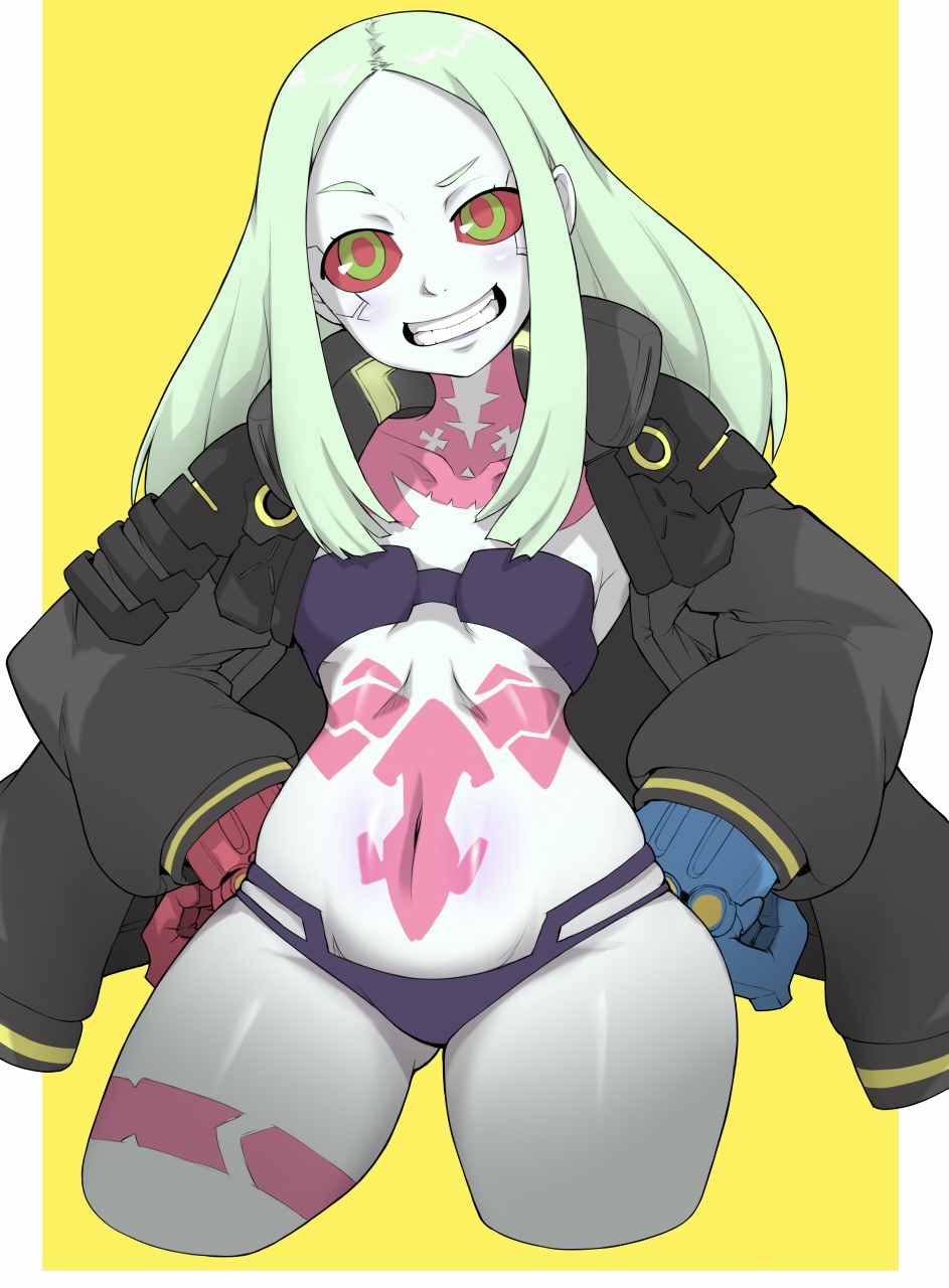 1girls, breasts, clothing, cyberpunk 2077, cyberpunk: edgerunners, female, female only, flat chest, flat chested, green hair, human, ina (gokihoihoi), jacket, lingerie, long hair, looking at viewer, outerwear, pale skin, pear shaped, pear shaped female, pear-shaped figure, rebecca (edgerunners), revealing clothes, small breasts, smile, solo, tattoo