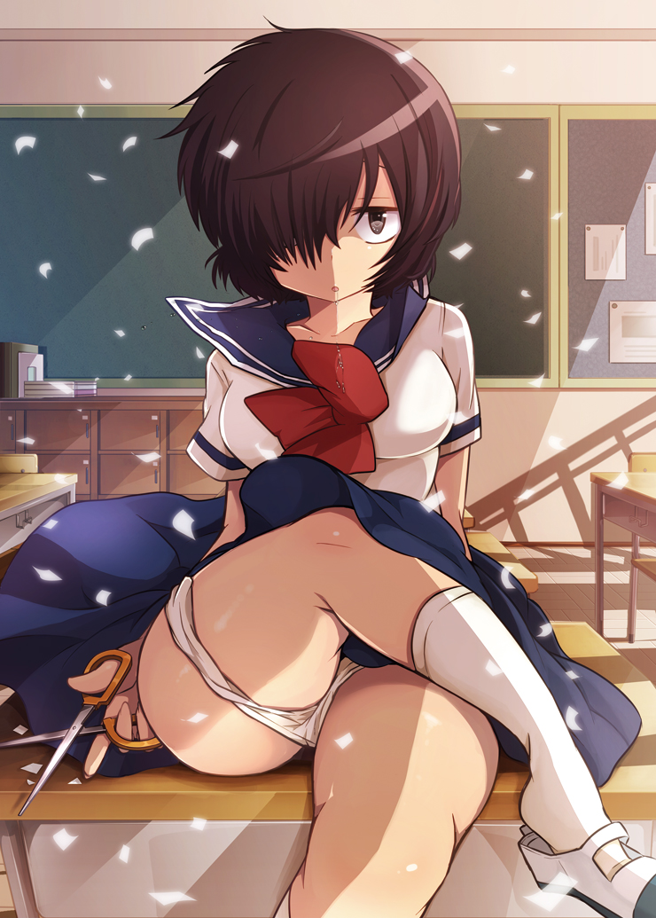 2012 breasts brown_eyes classroom clavicle clothing color crossed_legs desk digital_media_(artwork) drooling female footwear hair_over_one_eye hi_res kamiya_zuzu knee_socks kneehighs kneesocks lingerie nazo_no_kanojo_x pantsu panty_pull saliva school_desk school_uniform scissors serafuku shoe_dangle shoes short_hair sitting skirt slip-on_shoes socks solo thighs underwear underwear_pull urabe_mikoto uwabaki white_panties white_socks white_underwear wind