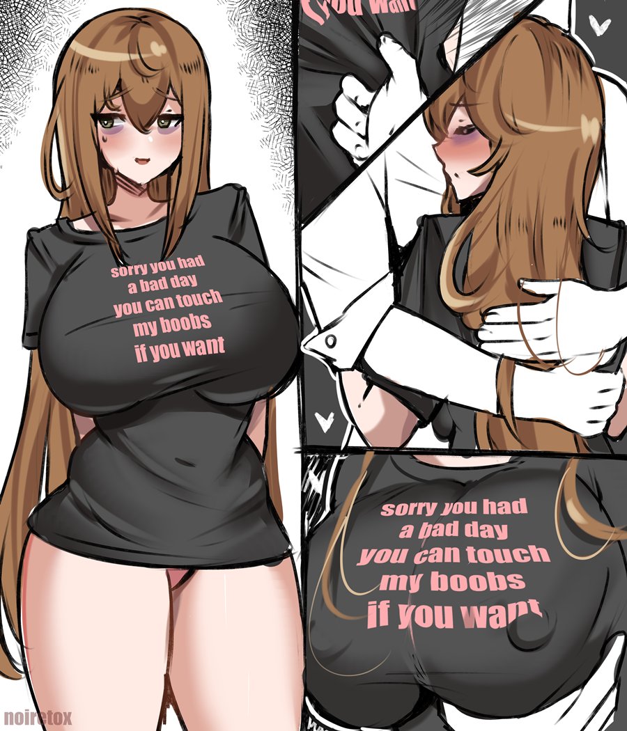 1boy 1girls breasts brown_hair faceless_male female hips huge_breasts hugging long_hair male neet_girl_(noiretox) noiretox original original_character slim_waist t-shirt text text_on_clothing thick_thighs thighs wholesome wide_hips