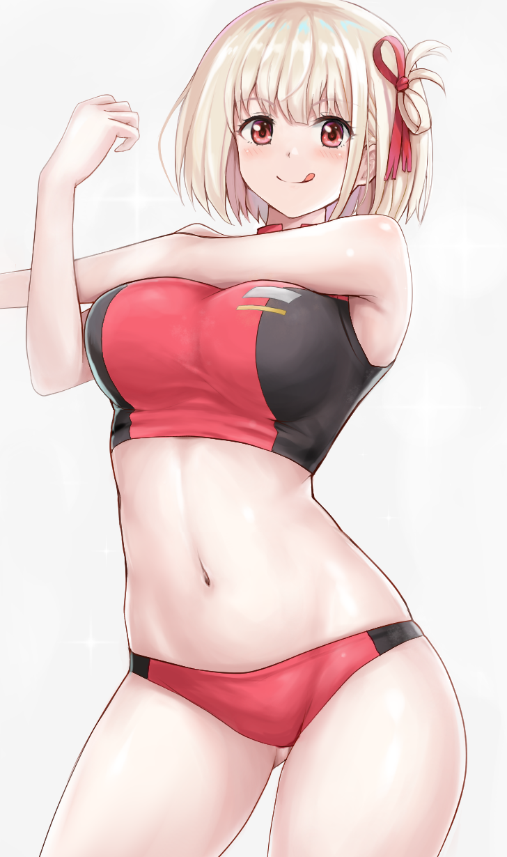 1girls bangs blonde_hair breasts chisato's_thighs hair_ornament highres huge_breasts looking_at_viewer lycoris_recoil midriff navel nishikigi_chisato r-binon red_eyes short_hair simple_background solo sports_bra standing thighs white_background