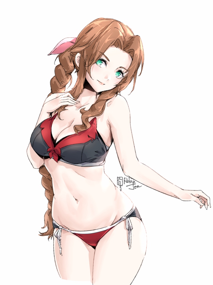 aerith_gainsborough bikini black_bikini black_swimsuit bow_in_hair braided_ponytail breasts brown_hair cleavage clothing female final_fantasy final_fantasy_vii green_eyes hand_on_own_chest large_breasts looking_at_viewer midriff multicolored_bikini multicolored_swimsuit navel pink_bow ponytail red_bikini red_swimsuit relaxjon side-tie_bikini solo swimsuit