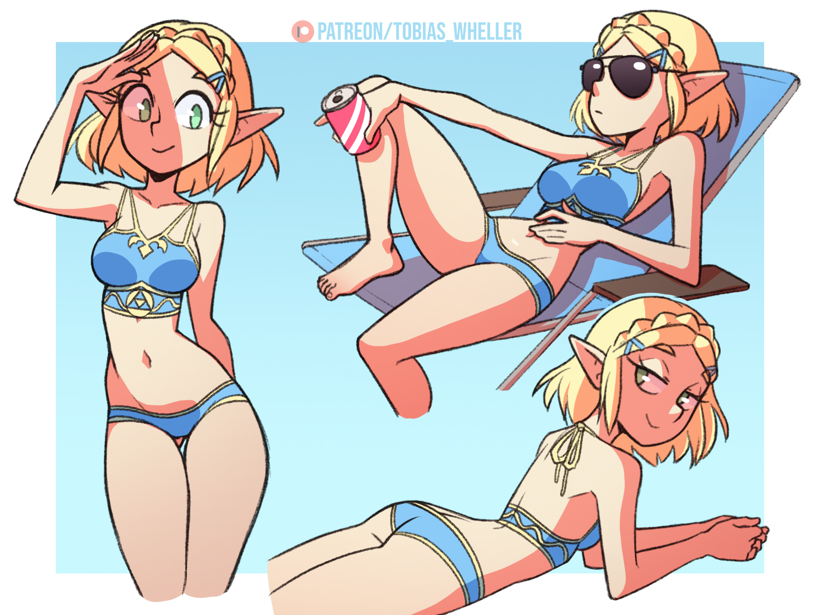 1girls, ass, back, back view, belly button, bikini, blonde hair, breasts, breath of the wild, chair, drink, female, green eyes, hair ornament, looking at viewer, looking back, lying, nintendo, pointy ears, princess zelda, short hair, smile, soda, soda can, sunbathing, sunglasses, swimsuit, tears of the kingdom, the legend of zelda, tobias wheller, zelda (tears of the kingdom)