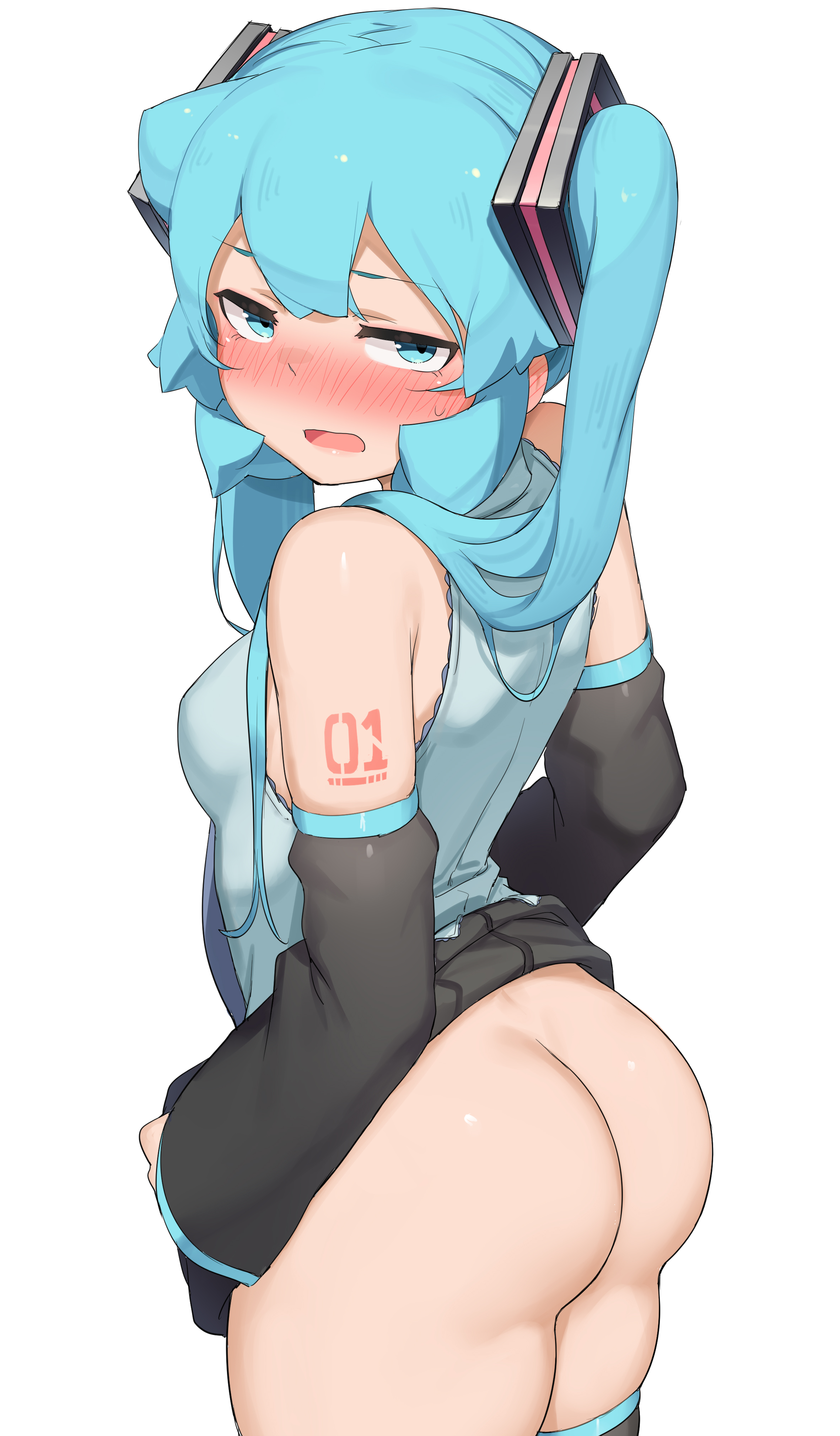 1girl, 1girls, abmayo, absurd res, arm tattoo, ass, bangs, bare shoulders, black skirt, black thighhighs, blush, bottomless, breasts, clothes lift, detached sleeves, female, from behind, from side, green hair, grey shirt, hair ornament, hatsune miku, high resolution, long hair, long sleeves, looking at viewer, looking back, medium breasts, no panties, open mouth, shiny, shiny hair, shirt, simple background, skirt, skirt lift, sleeveless, sleeveless shirt, solo, solo female, sweatdrop, tattoo, thighhighs, twintails, underwear, vocaloid, white background