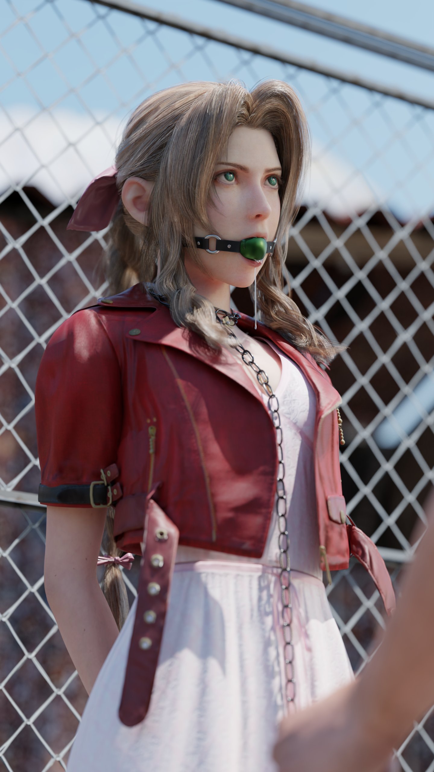 3d, aerith gainsborough, ball gag, bondage, bound, brown hair, chains, clothed bondage, clothing, drool, drooling, female, femsub, final fantasy, final fantasy vii, final fantasy vii remake, fully clothed, gag, gagged, leash, restrained, rindekey, tied up