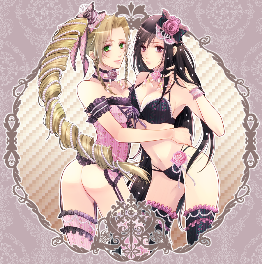 1990s_(style) 2girls aerith_gainsborough alternate_hair_color armorcrystal ass black_bra black_hair black_panties blonde_hair bow_in_hair bra braided_ponytail breasts choker corset female female_only final_fantasy final_fantasy_vii flower_choker flower_in_hair frilled_choker frilled_corset frilled_thighhighs garter_straps green_eyes hug large_breasts long_hair looking_at_viewer midriff multiple_girls navel no_panties panties pink_corset red_eyes ribbon side_ponytail straight_hair thighhighs tifa_lockhart