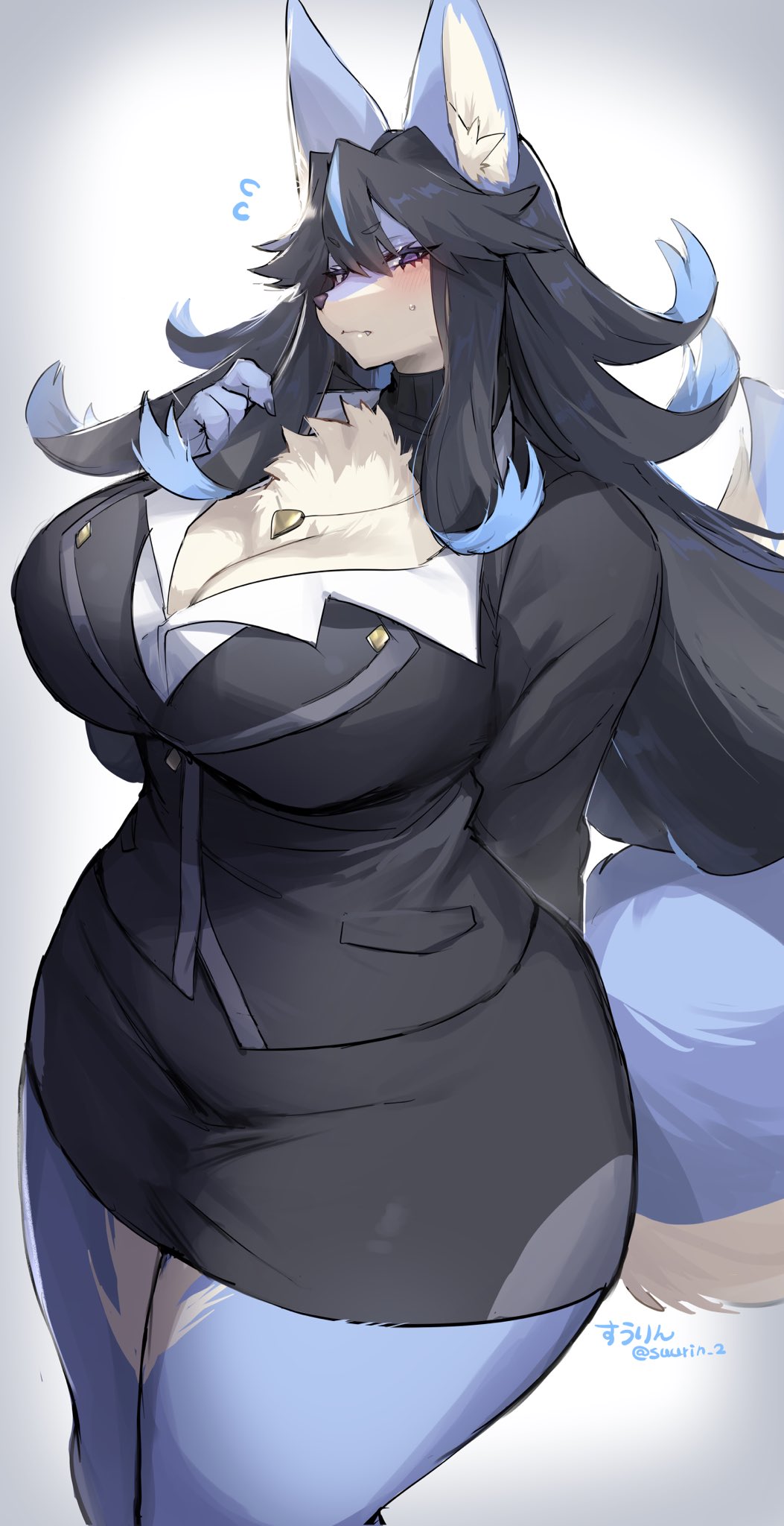 1girls, anthro, big breasts, black hair, blouse, bottomwear, breasts, button down shirt, canid, canine, canis, chest tuft, clothed, clothed anthro, clothed female, clothing, digital media (artwork), dress shirt, eyebrows, eyelashes, female, female anthro, fully clothed, fur, furry, hair, hi res, huge breasts, inner ear fluff, jewelry, kemono, long hair, looking at viewer, mammal, necklace, nipple outline, office lady, pencil skirt, shirt, simple background, skirt, solo, suurin (ksyaro), tail, topwear, tuft, wolf