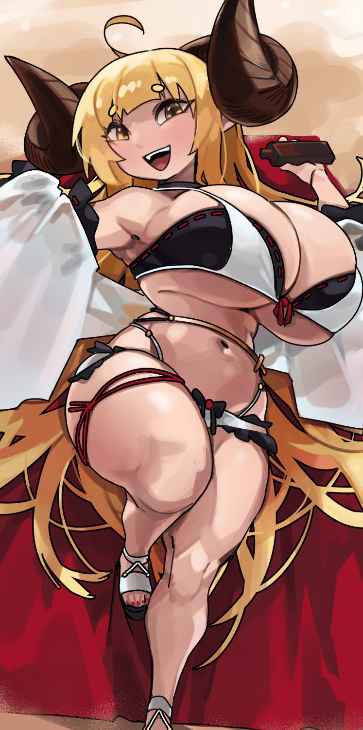 1girls, ahoge, anila (granblue fantasy), beach, belly button, bikini, blonde hair, breasts, draph, draph race (granblue fantasy), female, gold eyes, granblue fantasy, hips, holding object, horns, huge breasts, large breasts, light skin, light-skinned female, long hair, looking at viewer, lying on back, navel, open toe shoes, outdoors, painted toenails, pointy ears, short eyebrows, shortstack, slim waist, sunscreen, thick thighs, thighs, white bikini, wide hips, zanamaoria