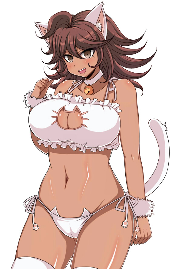 10s afuro animal_ears bell blush bra breasts brown_eyes brown_hair cat_cutout cat_ear_panties cat_ears cat_lingerie choker cleavage cleavage_cutout clothing_cutout collarbone danganronpa danganronpa_2:_goodbye_despair dark-skinned_female dark_skin female frilled_bra frills jingle_bell large_breasts long_hair meme_attire navel neck_bell open_mouth owari_akane panties side-tie_panties simple_background smooth_skin solo tail thighhighs underwear underwear_only wavy_hair white_background white_bra white_panties white_thighhighs