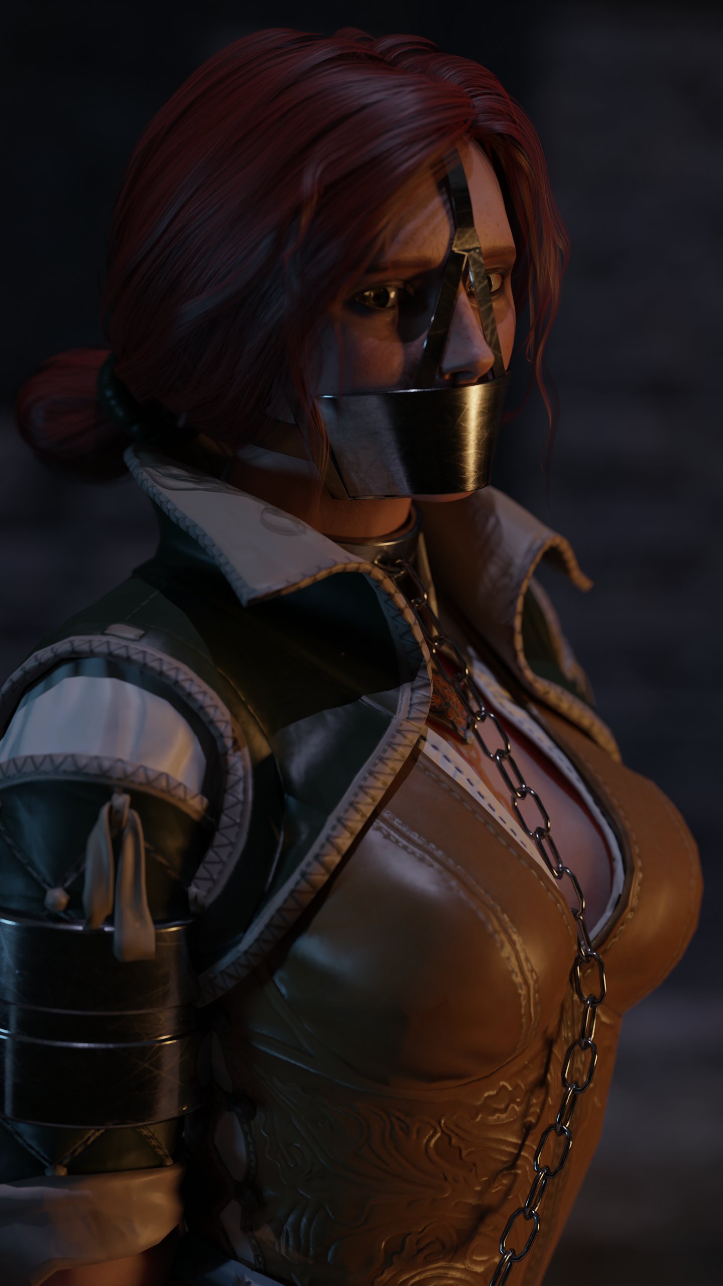 2boys 2girls 3d bondage bound bound_arms chains collar female gagged leash metal_bondage panel_gag public_bondage red_hair restrained rindekey sorceress the_witcher_(series) the_witcher_3:_wild_hunt triss_merigold walking