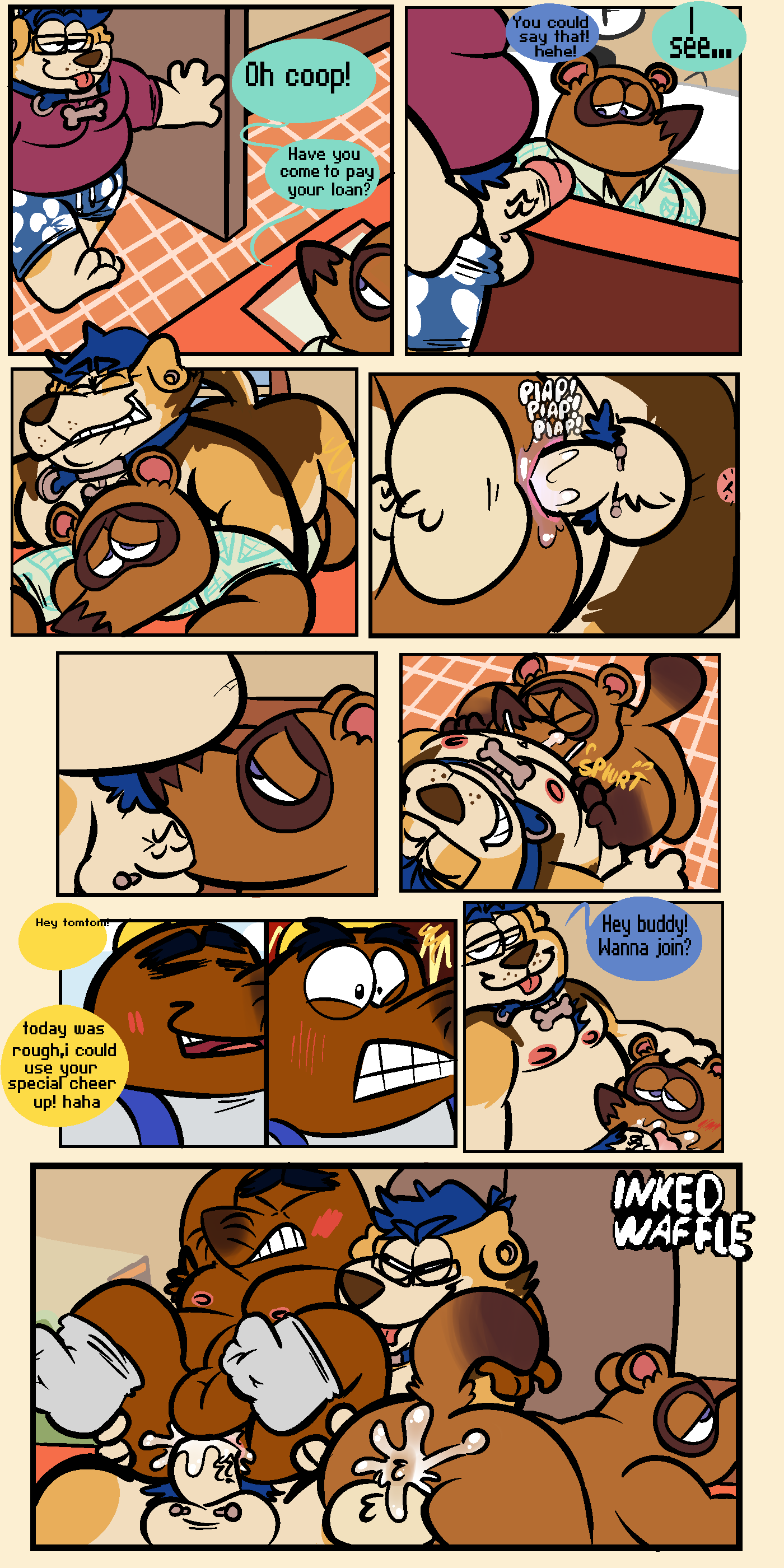 2boys absurd_res anal animal_crossing anthro anus ass balls blep blush bodily_fluids brown_body brown_fur canid canine canis comic cum cum_in_ass cum_in_mouth cum_inside cum_while_penetrated domestic_dog english_text erection fellatio fur gay genital_fluids genitals group hi_res inked-waffle male male/male male_penetrated male_penetrating male_penetrating_male mammal mole_(disambiguation) mr._resetti nintendo nipples oral orgasm penetration penile penis raccoon_dog sex tanuki text tom_nook tongue tongue_out trio video_games