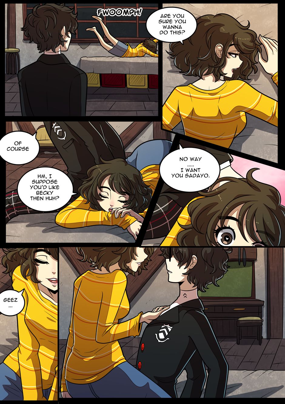 1boy, 1girls, bed, black hair, black shirt, brown hair, comic, english text, female, kinkymation, lying, male, persona, persona 5, ren amamiya, sadayo kawakami, yellow shirt