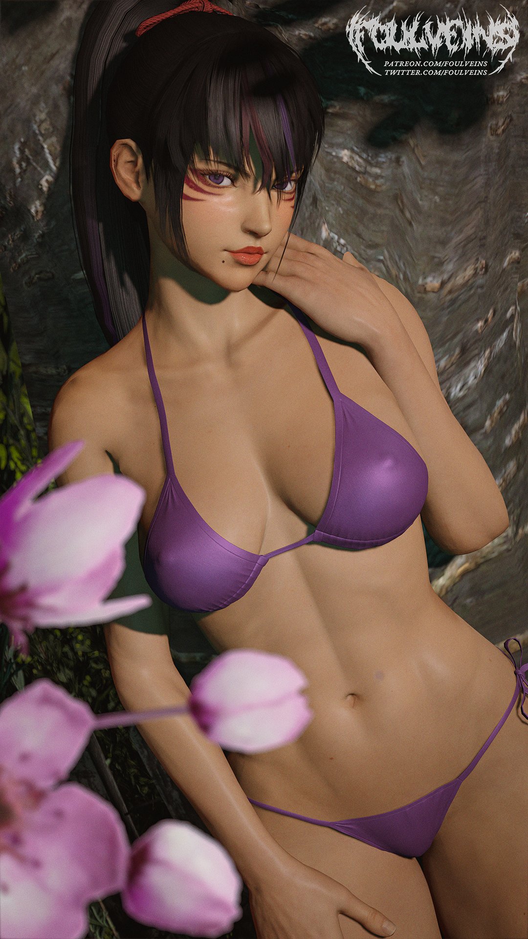 3d alluring athletic_female bikini black_and_red_and_purple_hair cherry_blossoms cute female female_abs fit_female foulveins kitsune_marks kunimitsu_ii kunoichi namco purple_bikini purple_swimsuit teen tekken twitter