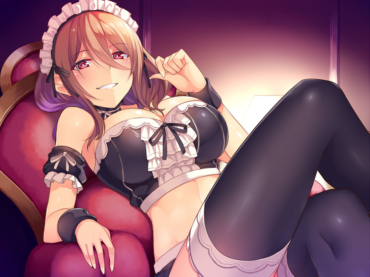 1girls, arm garter, breasts, brown hair, chair, choker, female, frilled choker, horosuke (toot08), lamp, large breasts, looking at viewer, maid, maid headdress, maid uniform, medium hair, midriff, original, red eyes, sitting on chair, thighhighs