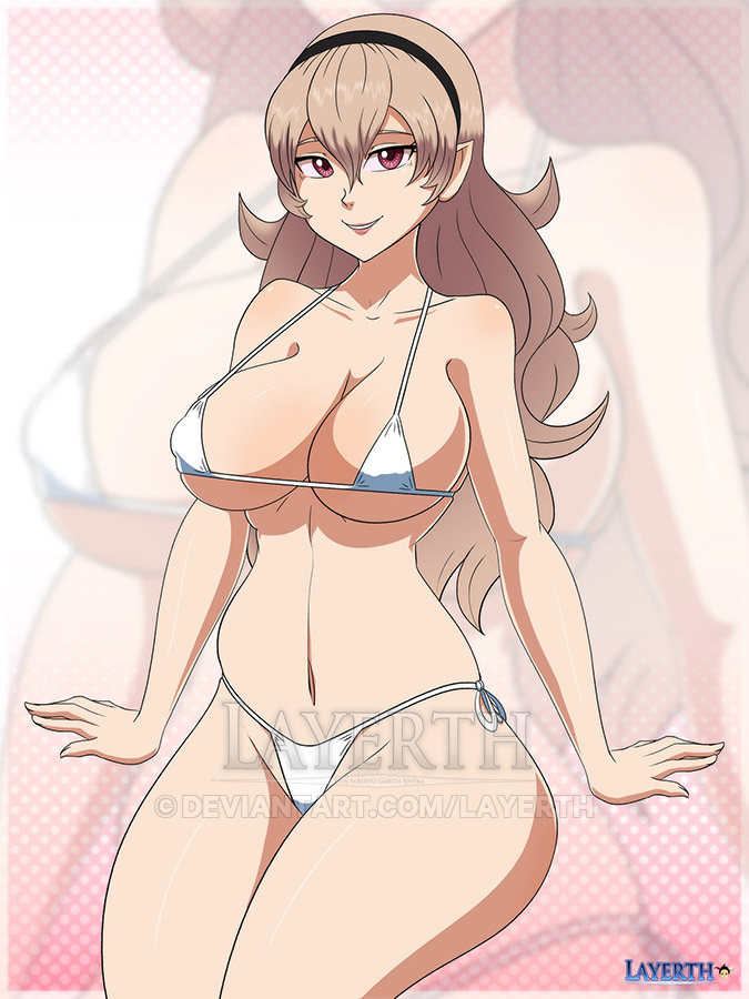 1girls alternate_costume bare_legs bare_shoulders bare_thighs bent_wrist bikini breasts brown_hair cleavage collarbone corrin_(fire_emblem) corrin_(fire_emblem)_(female) female female_only fire_emblem fire_emblem_fates hair_between_eyes hairband higher_resolution_duplicate large_breasts layerth legs long_hair looking_at_viewer nintendo pointy_ears red_eyes shoulders sideboob sitting smile solo swimsuit thick_thighs thighs underboob watermark white_bikini white_swimsuit