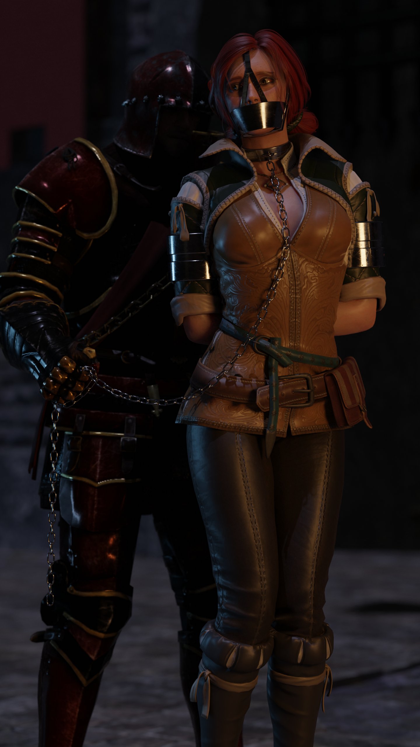 2boys, 2girls, 3d, bondage, bound, bound arms, chains, clothed bondage, collar, female, fully clothed, gag, gagged, leash, leash pull, male, metal bondage, metal gag, panel gag, public bondage, red hair, restrained, rindekey, scold's bridle, slave raid, sorceress, the witcher (series), the witcher 3: wild hunt, triss merigold, walking