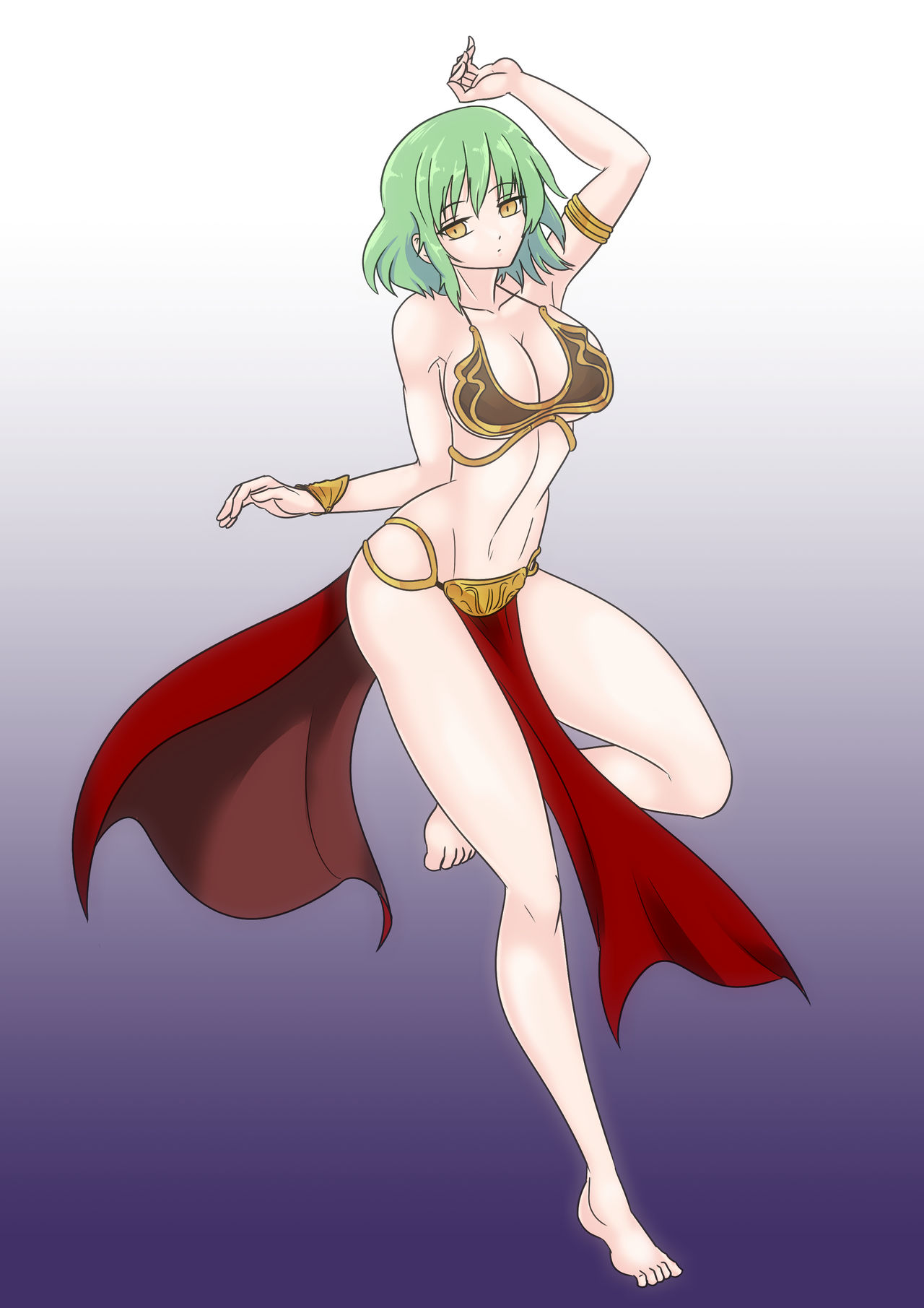 1girls amber_eyes armlet belly_dancer belly_dancer_outfit bracelet cleavage crossover_cosplay dancer dancer_outfit dancing green_hair harem_girl harem_outfit hikage_(senran_kagura) huge_breasts loincloth medium_hair senran_kagura slave slave_bikini slave_leia_(cosplay) slave_outfit slavegirl star_wars voluptuous wadevezecha