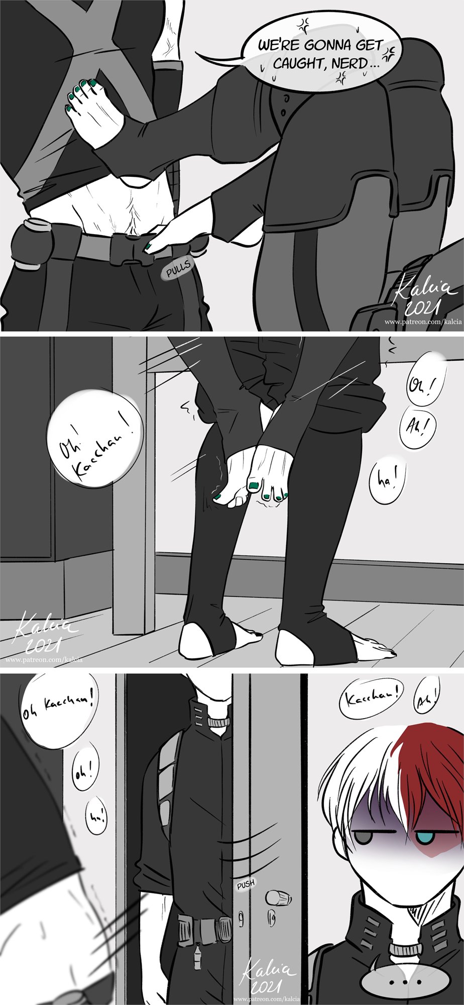 3boys, accidental circumstance, accidental exposure, barefoot, being watched, caught, caught in the act, clothed, clothed sex, english text, feet, funny, gay, hero outfit (mha), implied sex, izuku midoriya, kalcia, katsuki bakugou, legs, male, male on male, male only, moaning, multiple boys, multiple males, multiple panels, my hero academia, painted toenails, public sex, sex, shouto todoroki, spiky hair, standing, toes, unamused, unaware, watching, yaoi