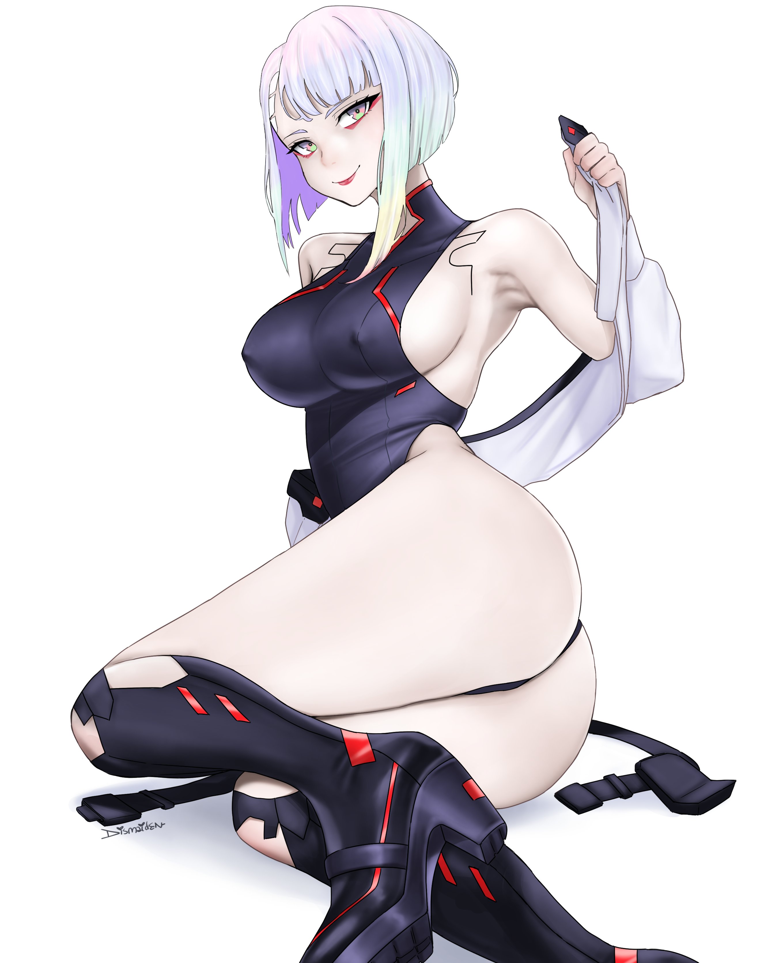 1girls, ass, athletic, athletic female, breasts, cd projekt red, cyberpunk, cyberpunk 2077, cyberpunk: edgerunners, dismaiden, eye contact, female, female only, leotard, light skin, looking at viewer, lucyna kushinada, multicolored hair, netflix, nipple bulge, purple eyes, silver hair, smile, solo, solo female, studio trigger, thick thighs, thighs, tomboyish