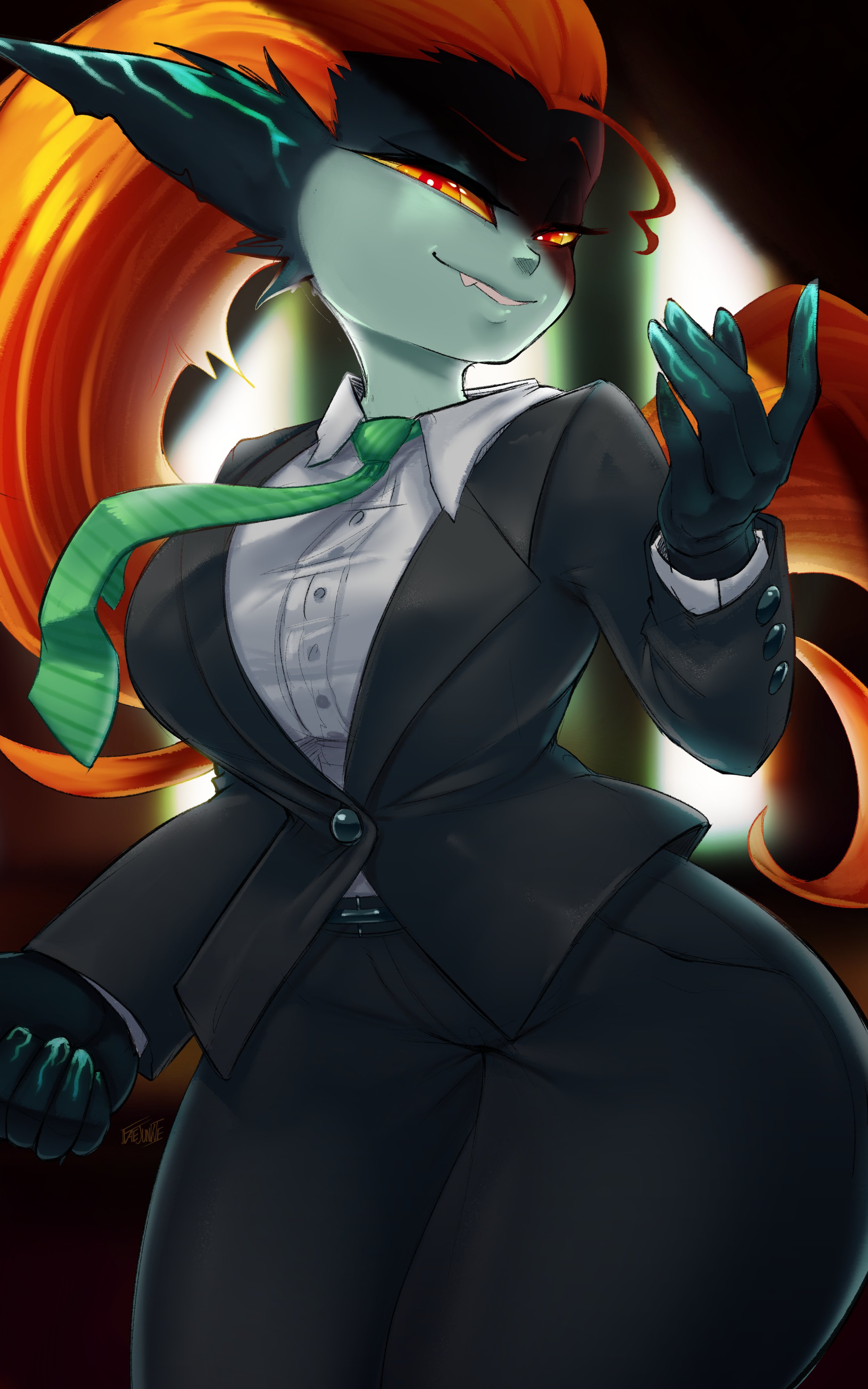1girls, absurd res, big breasts, breasts, faejunkie, female, female only, imp, imp midna, long hair, looking at viewer, midna, narrowed eyes, nintendo, orange hair, pointy ears, red eyes, smiling at viewer, smug, solo, solo female, suit, the legend of zelda, twilight princess, yellow sclera