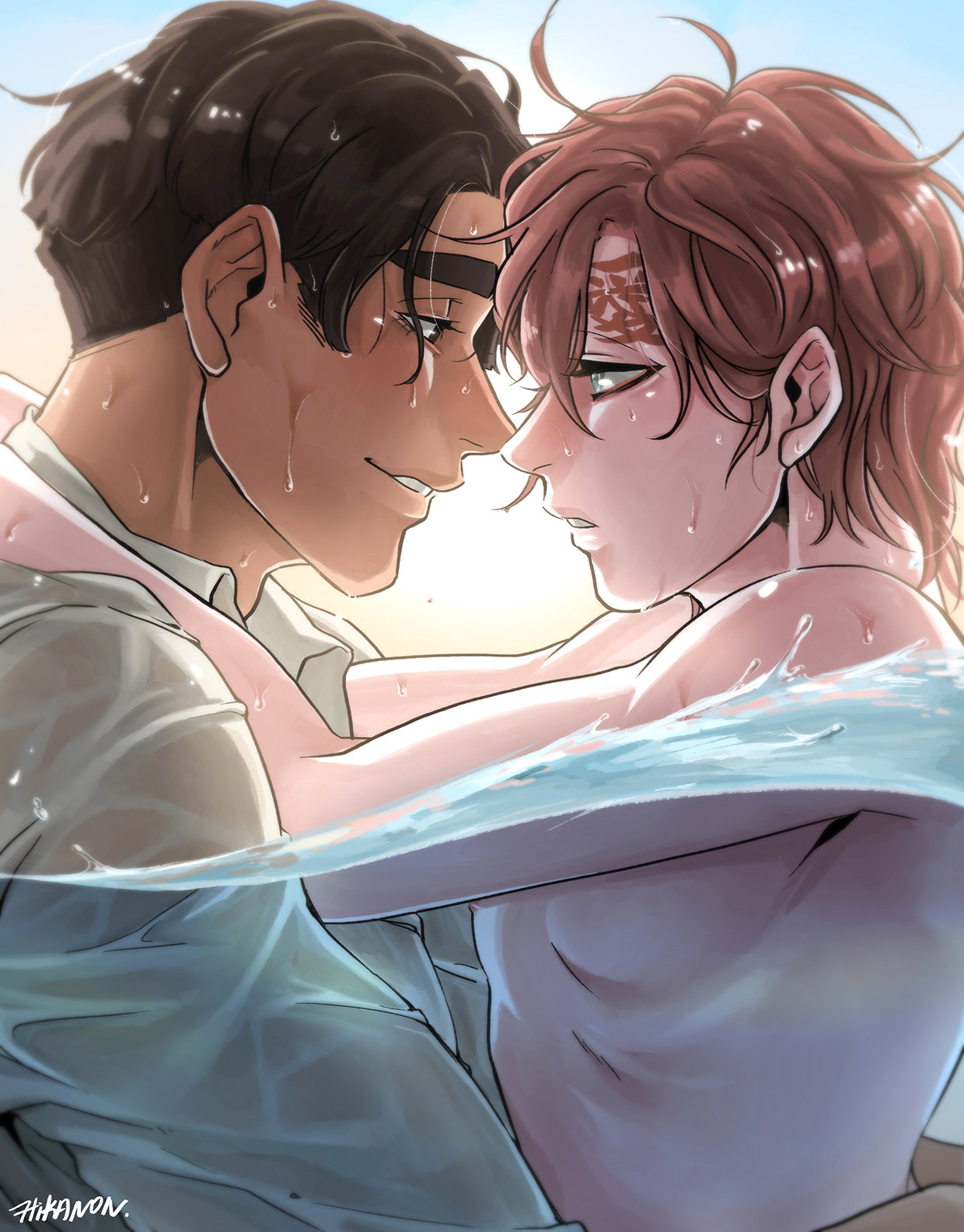 2boys, androgynous, bathing, black eyes, black hair, blue eyes, blush, brown skin, clothing, cuddling, embrace, embracing, face markings, gaara, hi res, highres, hikanon, hug, light skin, light-skinned male, looking at another, looking at partner, male, male only, male/male, narrowed eyes, naruto, naruto (series), naruto shippuden, naruto: the last, pale skin, pale-skinned male, parted lips, partially clothed, partially submerged, partially underwater shot, red hair, rock lee, romantic, romantic ambiance, seductive, seductive eyes, seductive look, shounen jump, smile, smiling, swimming, tan skin, topless, topless male, trap, underwater, water, wet, wet clothes, wet shirt