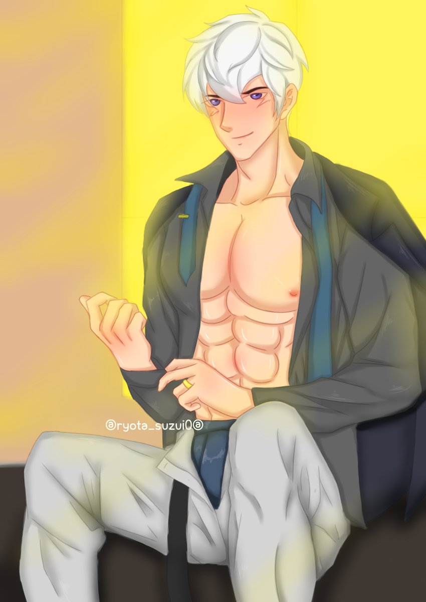 1boy abs absurd_res dilf iris'_dad_(my_story_animated) male male_focus male_nipples male_only my_story_animated nipples purple_eyes ryota_suzui0 sanjouhayabusa shirtless sitting white_hair youtube