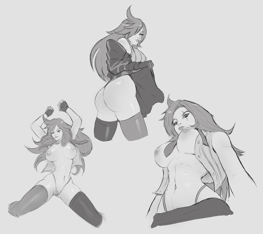 ass battle_academia_katarina battle_academia_series katarina_du_couteau large_breasts league_of_legends long_hair monochrome niacady scar scar_across_eye thighhighs very_long_hair