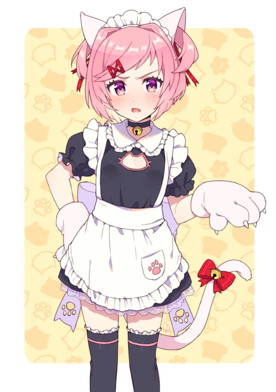 1girls, bell, cat ears, collar, doki doki literature club, female, maid, moyori, natsuki (doki doki literature club), neko, solo, source request, unknown source