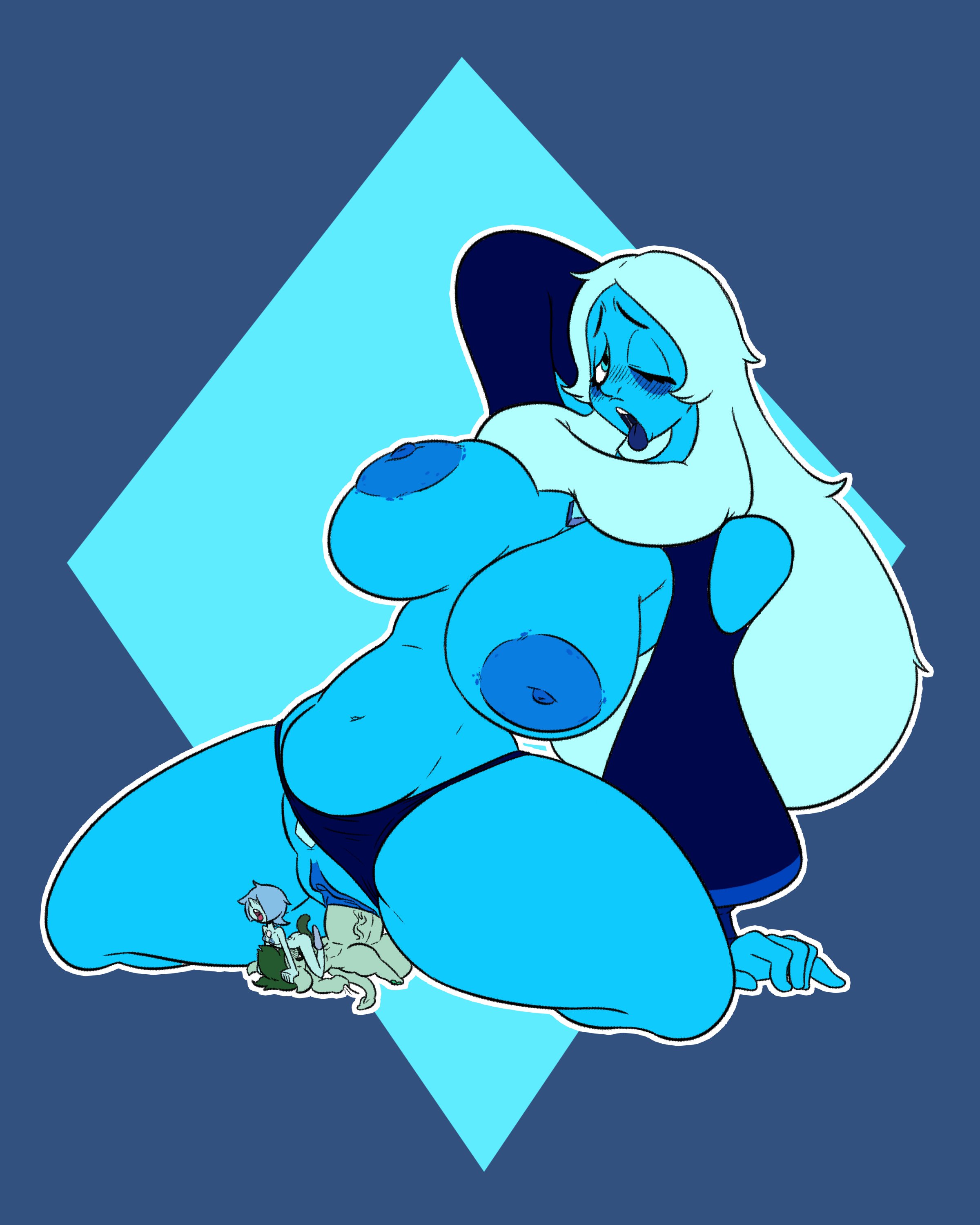 1boy, 2girls, big breasts, blue body, blue diamond (steven universe), blue eyes, blue hair, blue nipples, blue pearl (steven universe), blue skin, breasts, cartoon network, cowgirl position, cunnilingus, deep penetration, diamond authority, doodleslewd, female, female on top, gem (species), giantess, green skin, hair between eyes, huge breasts, huge cock, humanoid, long hair, male, nipples, one eye closed, original character, penis, pleasure face, pussy, size difference, small but hung, smaller male, steven universe, threesome, unusual skin color, vaginal penetration