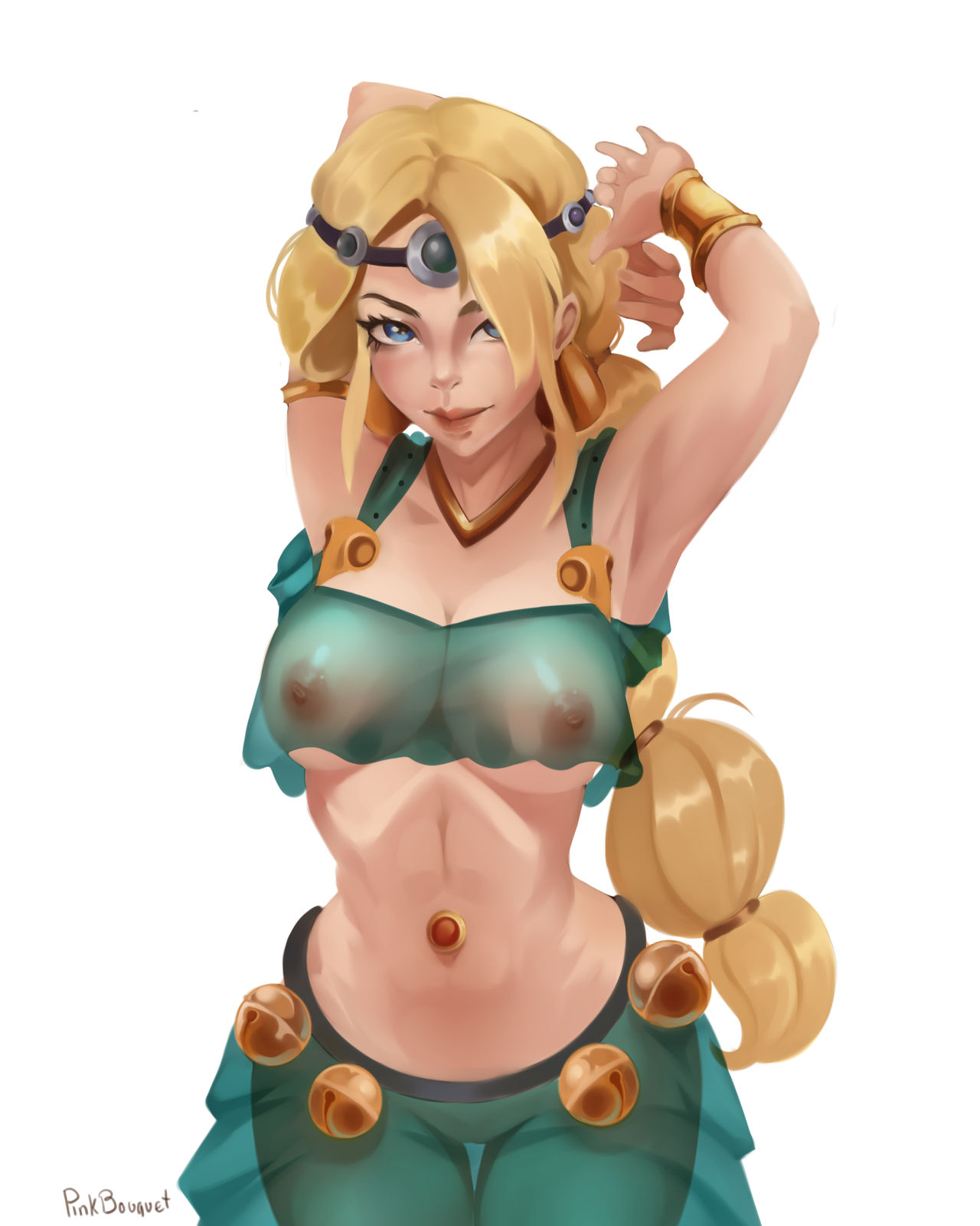 armpits, astrid hofferson, belly dancer, belly dancer outfit, blonde hair, blue eyes, breasts, cleavage, dreamworks, female, female only, harem girl, harem outfit, harem pants, how to train your dragon, large breasts, looking at viewer, pinkbouquet, see-through top, slave, slave girl, slave outfit