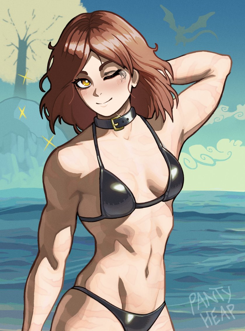 1girls, armpits, arms up, beach, bikini, black bra, black panties, blush, bra, casual, choker, cloud, elden ring, female, female only, fromsoftware, melina (elden ring), one eye closed, panties, pantyheap, smile, solo, solo female, yellow eyes