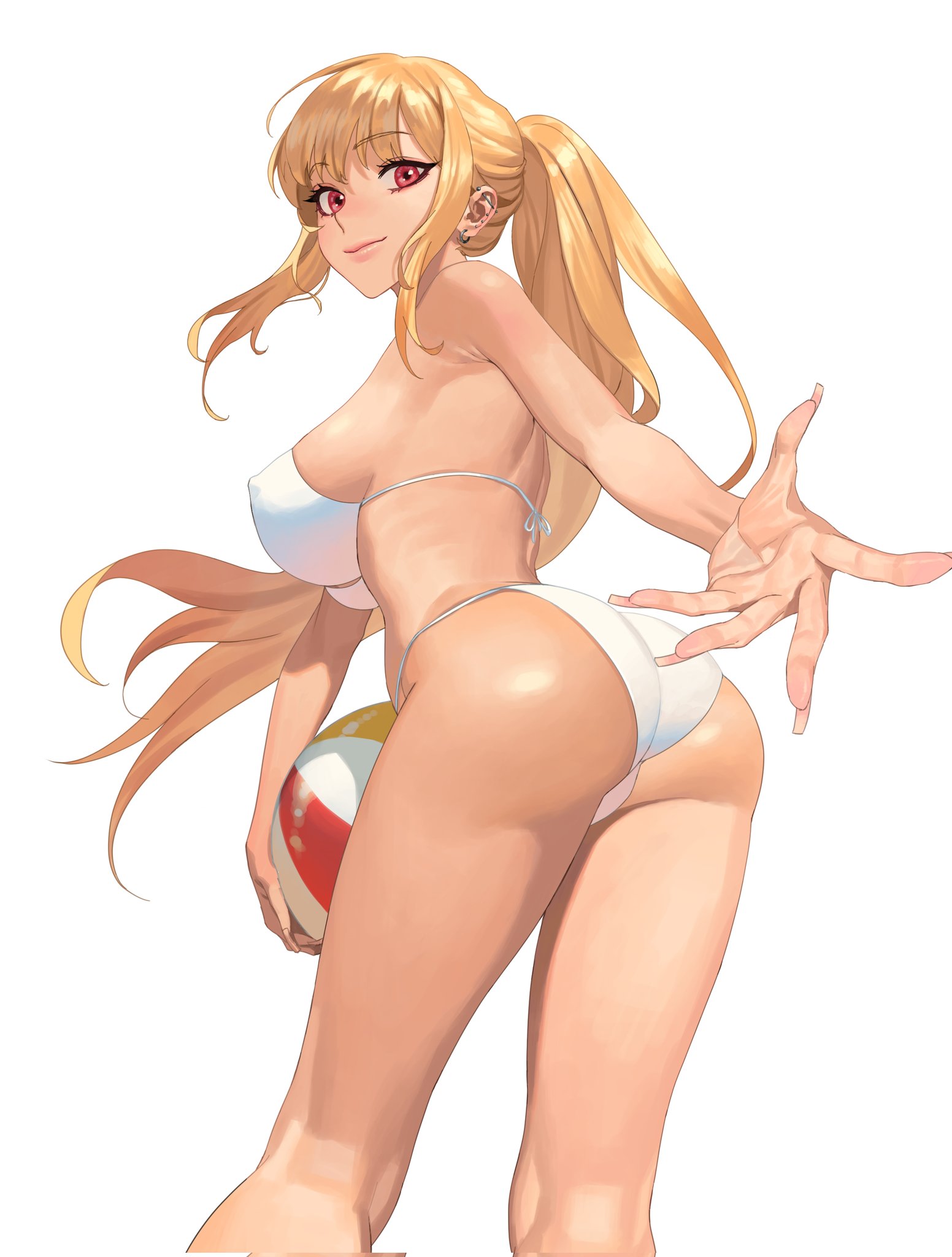 1girls, ass, ball (object), bikini, blonde hair, breasts, ear piercing, eyebrows visible through hair, female, female only, hi res, hongcasso, human, kitagawa marin, light skin, light-skinned female, long hair, long nails, looking at viewer, nipple bulge, pink eyes, ponytail, sono bisque doll wa koi wo suru, white background, white bikini