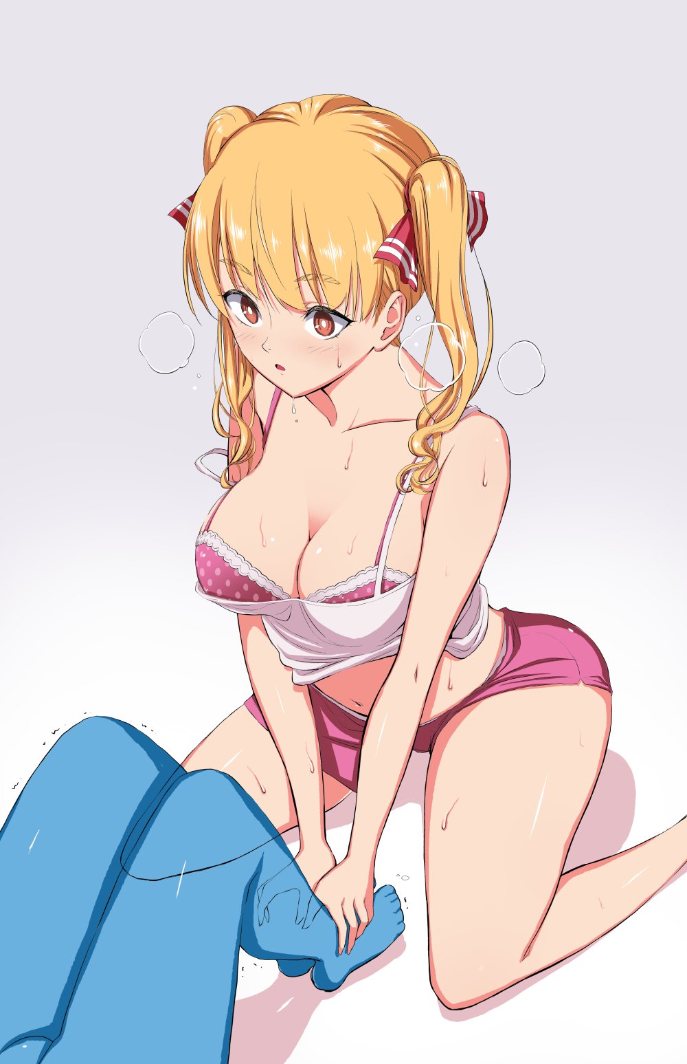 big_breasts blonde_hair blush bra cleavage faceless_male heavy_breathing hoshizora_kimika ishizaka_ryuudai kimika-san_no_sweets_match shirt_slip shorts sweat