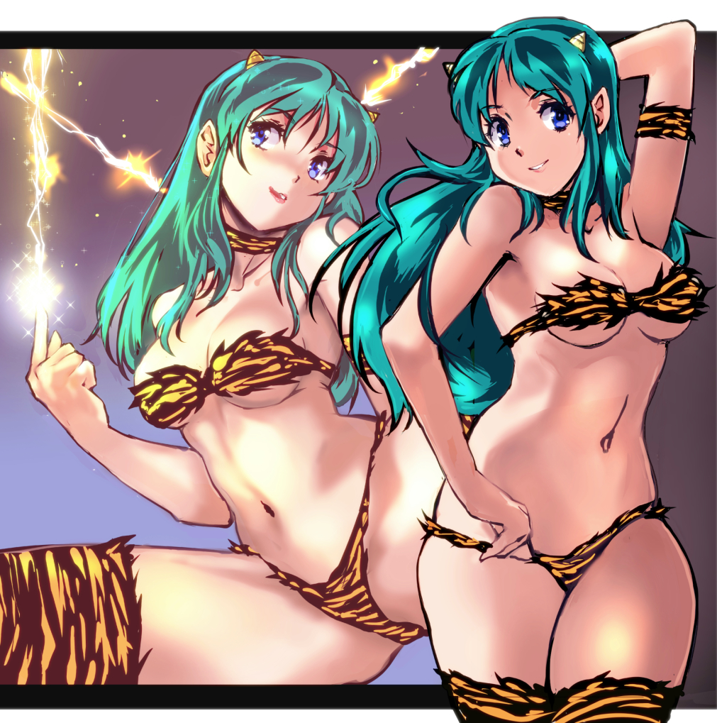 animal_print arm_up armpits bangs bare_shoulders bikini blue_eyes breasts choker cleavage collarbone electricity female female_focus green_hair horns kamisimo_90 long_hair looking_at_viewer lum magic multiple_views navel print_bikini print_legwear smile strapless strapless_bikini swimsuit tagme thighhighs thighs tiger_print underboob urusei_yatsura yellow_bikini