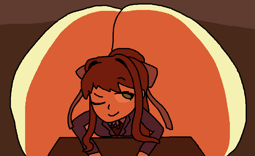 bow brown_hair bubble_butt desk doki_doki_literature_club fat_ass gigantic_ass green_eyes huge_ass meat_wall_(body_type) monika_(doki_doki_literature_club) one_eye_closed ponytail school_uniform smile smiling solo solo_focus torbincrow1987 uniform white_bow