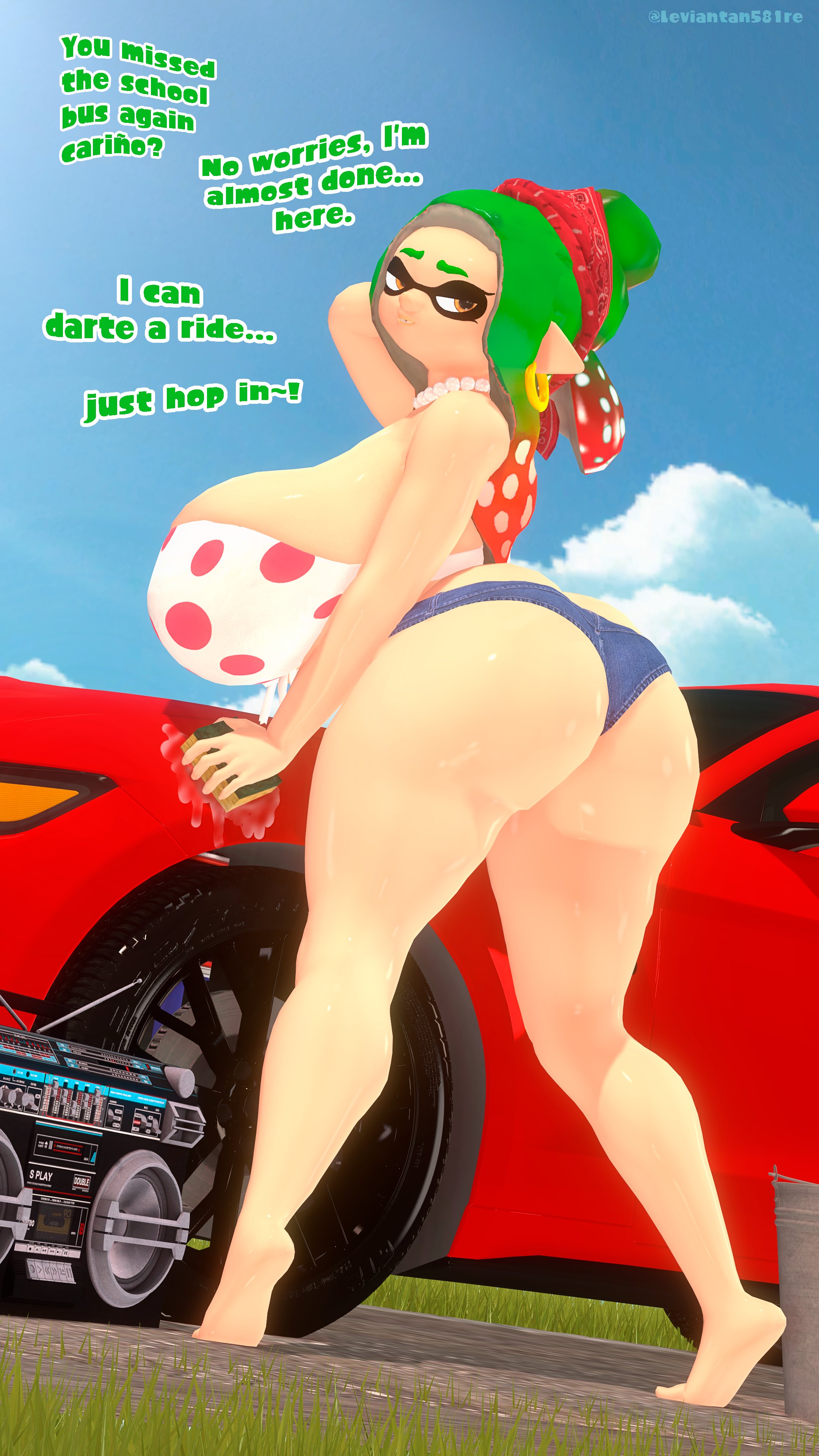 3d, ana margarita de la beef, ass, bbw, big ass, big breasts, breasts, car, denim shorts, dialogue, english, english text, female, green hair, huge ass, huge breasts, inkling, inkling girl, leviantan581re, looking back, milf, orange eyes, splatoon, tagme, washing